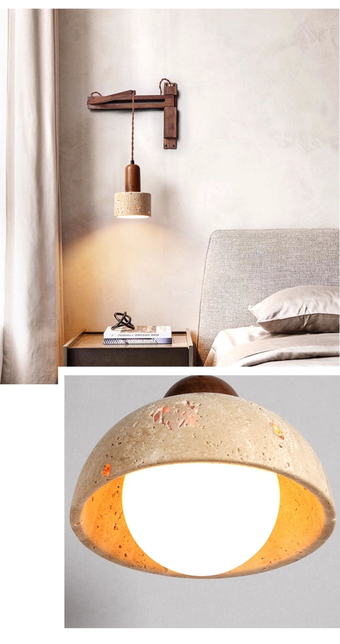 Sedona Travertine Dome Walnut Arm Wall Sconce