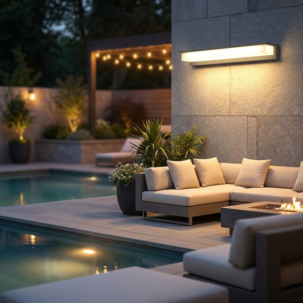 Ligne light on backyard patio wall at night