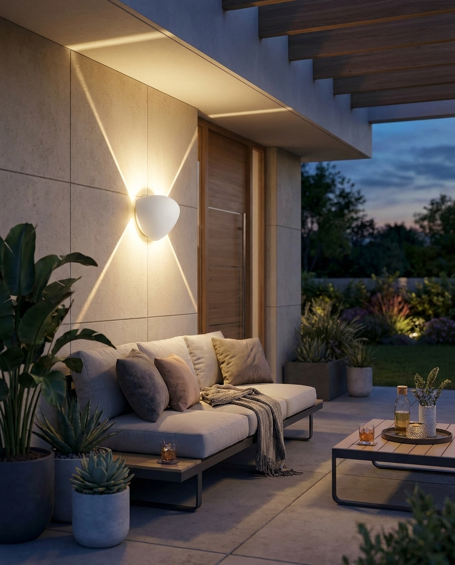Vertex Geometric LED Outdoor Wall Sconce White on patio lounge