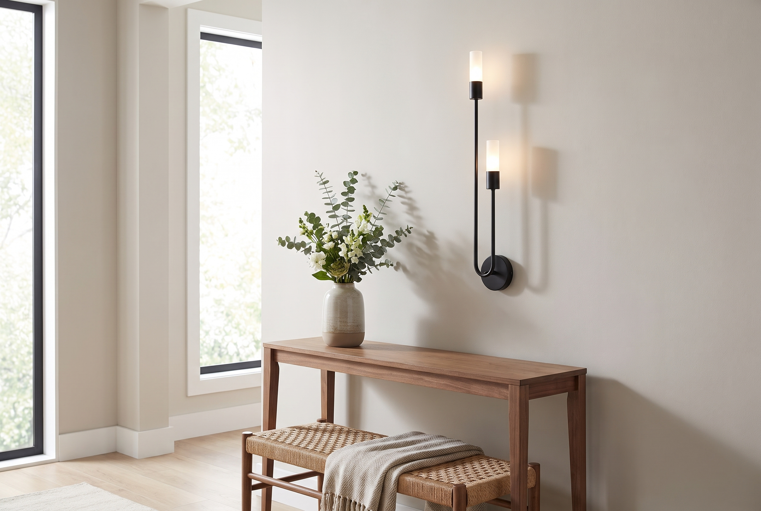 Black Gemini Dual Head LED Wall Sconce in a modern entryway hallway