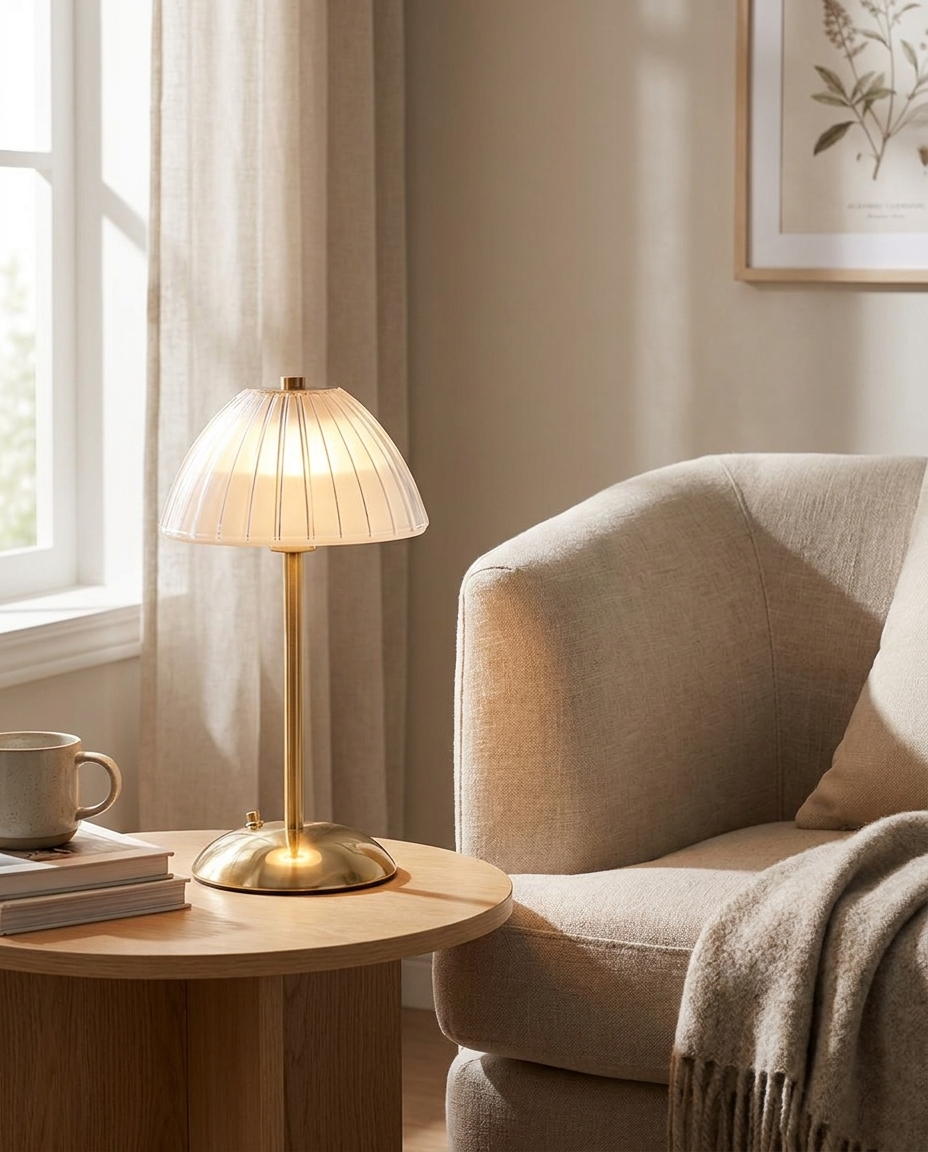 Elara brushed brass cordless table lamp in a reading nook