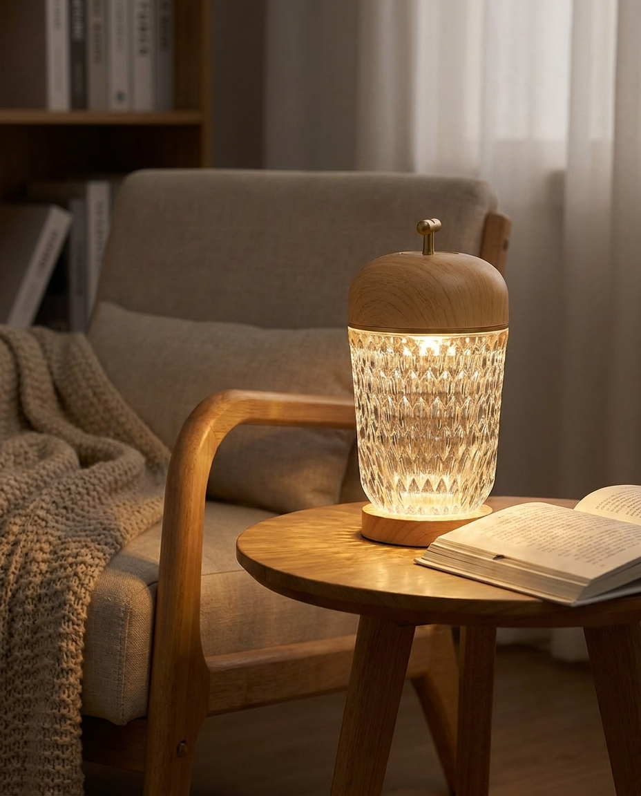 Calice wood cup glass table lamp in a reading nook