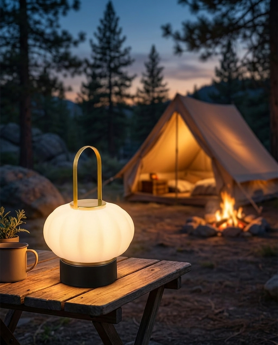 Faro cordless Nordic lantern lamp at a cozy campsite