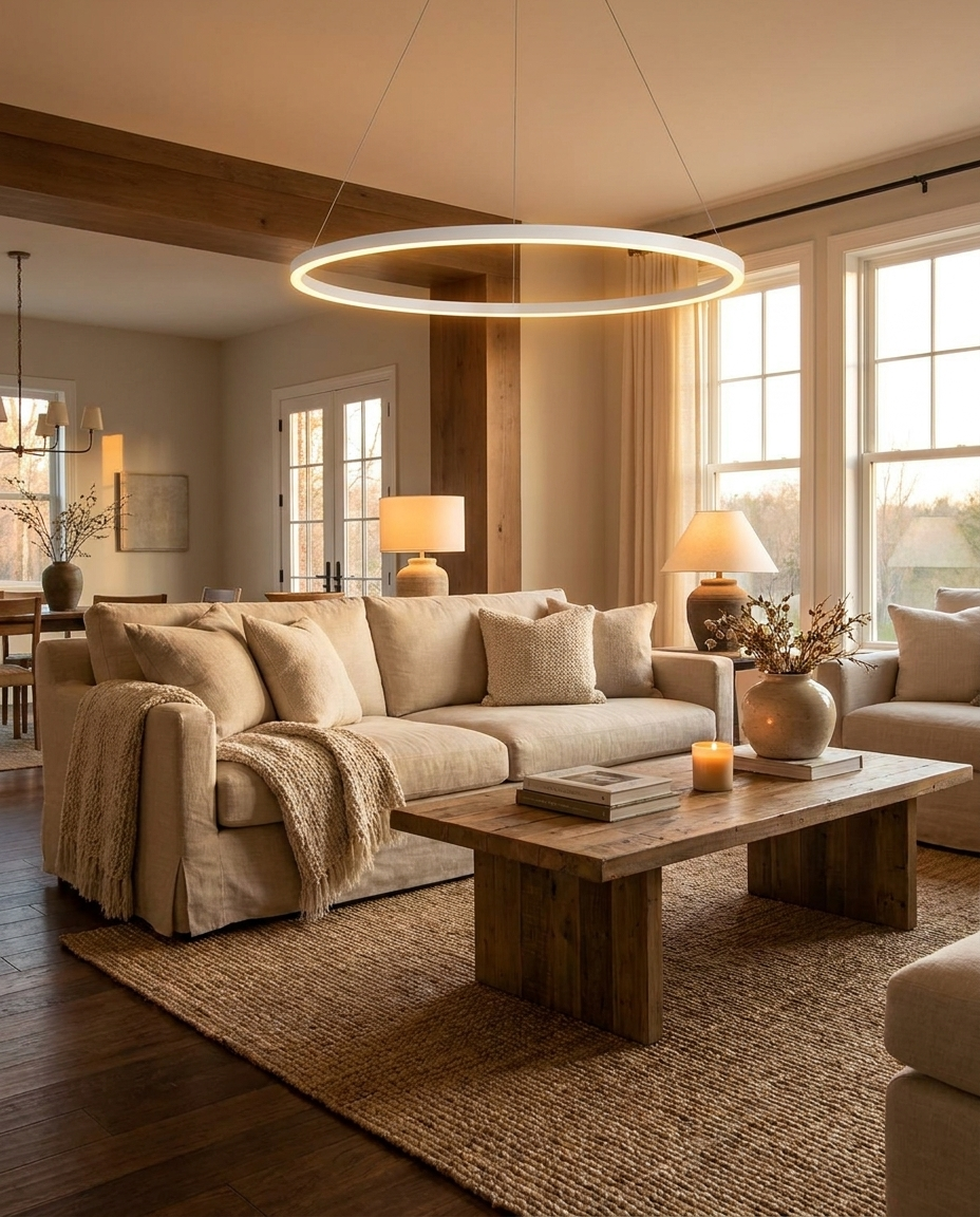 Halo white LED ring chandelier above a living room