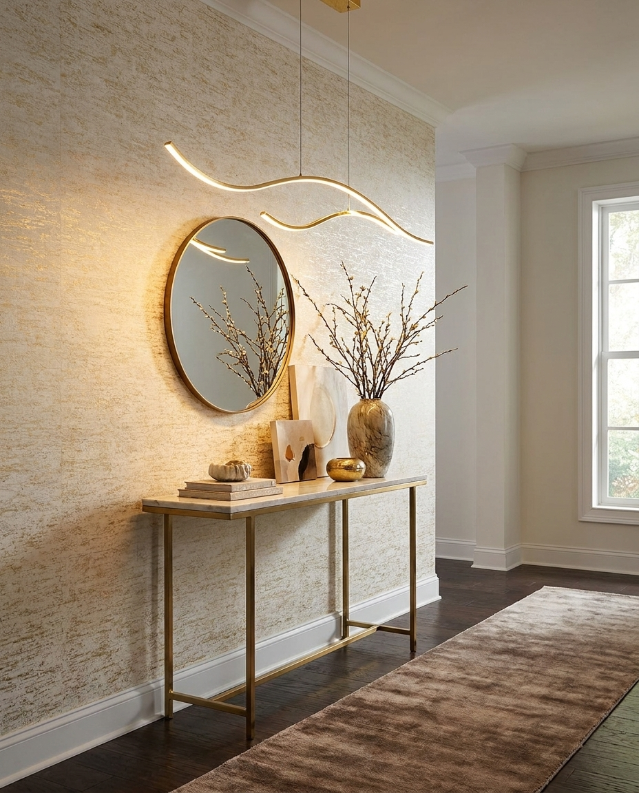 Ondeva gold curved wave pendant in an upscale entryway