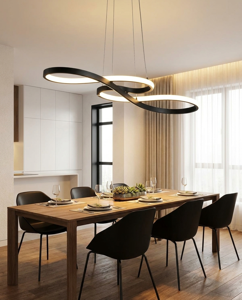 Lirelle black ribbon pendant over a dining table
