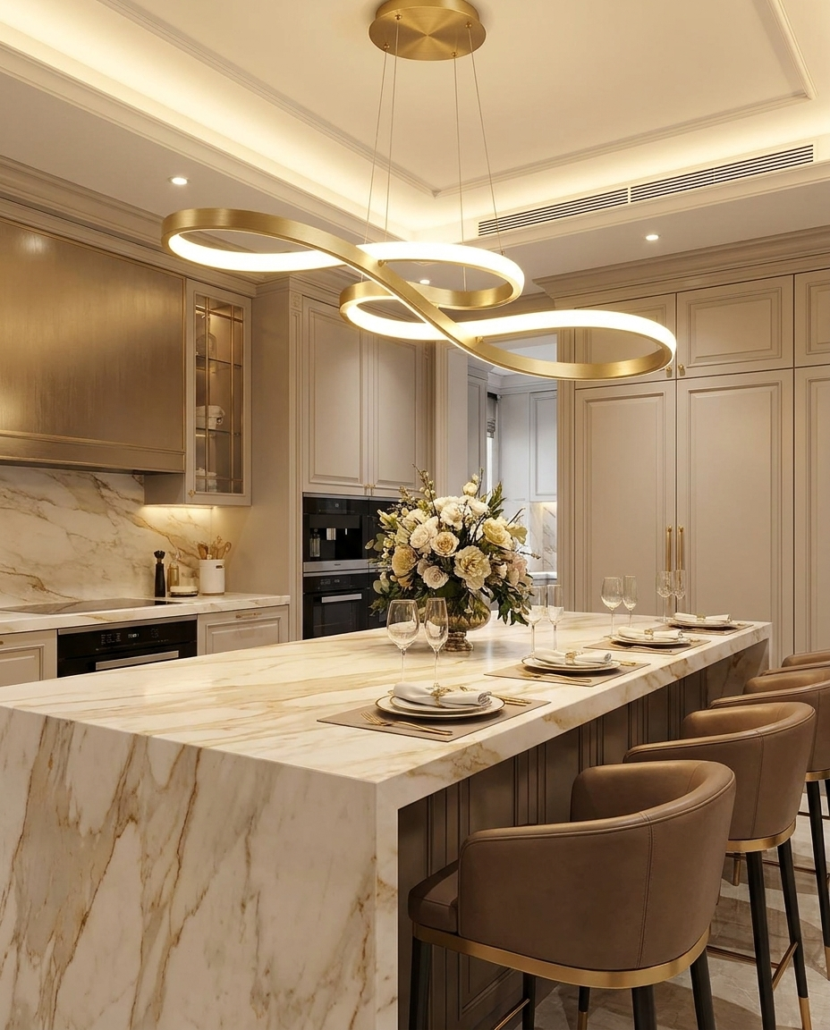 Lirelle gold ribbon pendant over a luxury kitchen island
