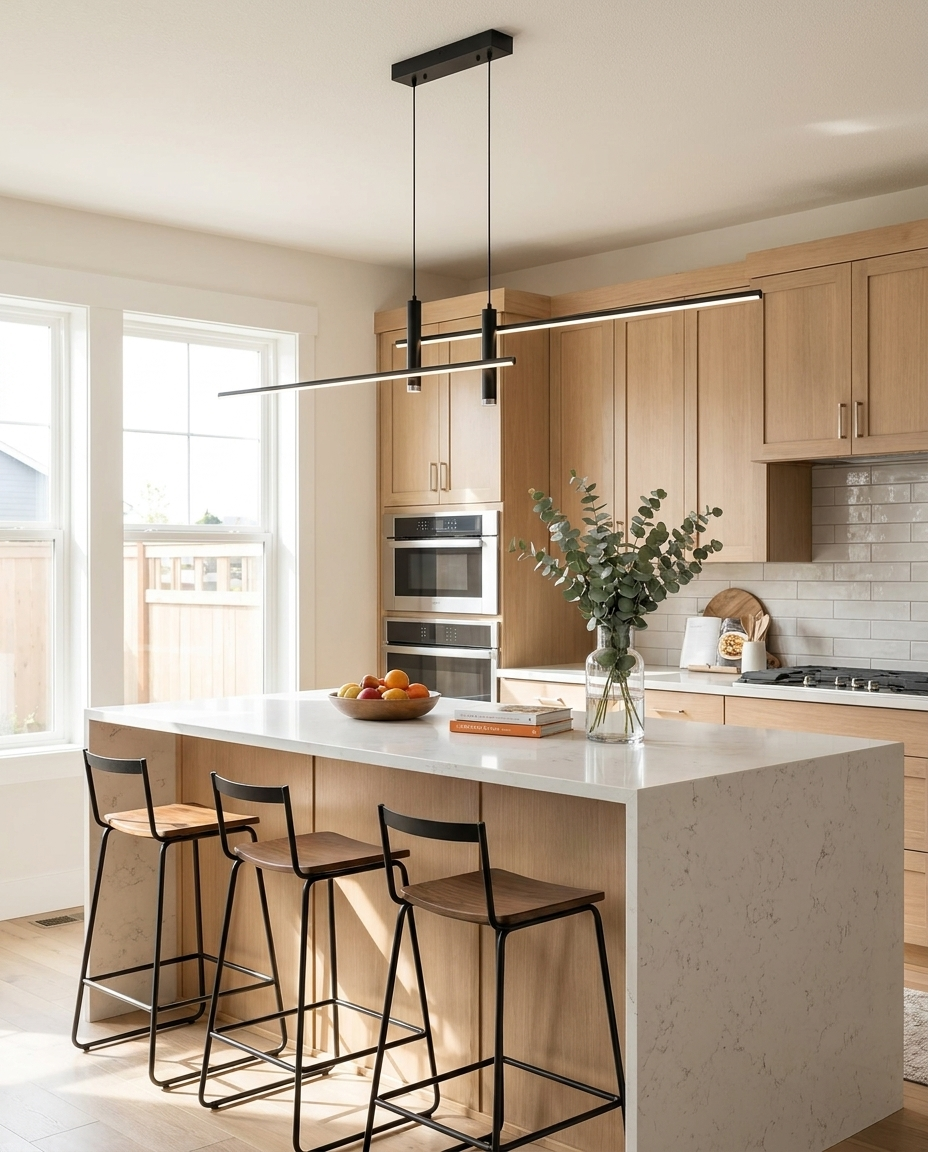 Belisse black linear chandelier over a kitchen island