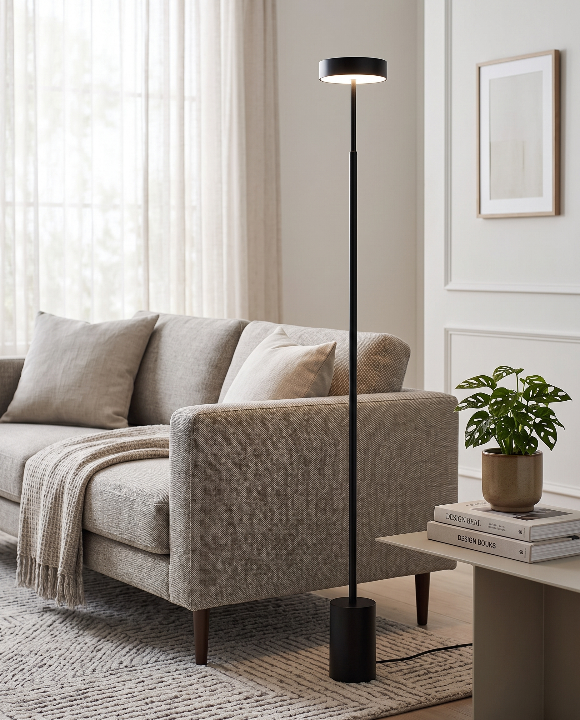 Black petite floor lamp in a modern living room