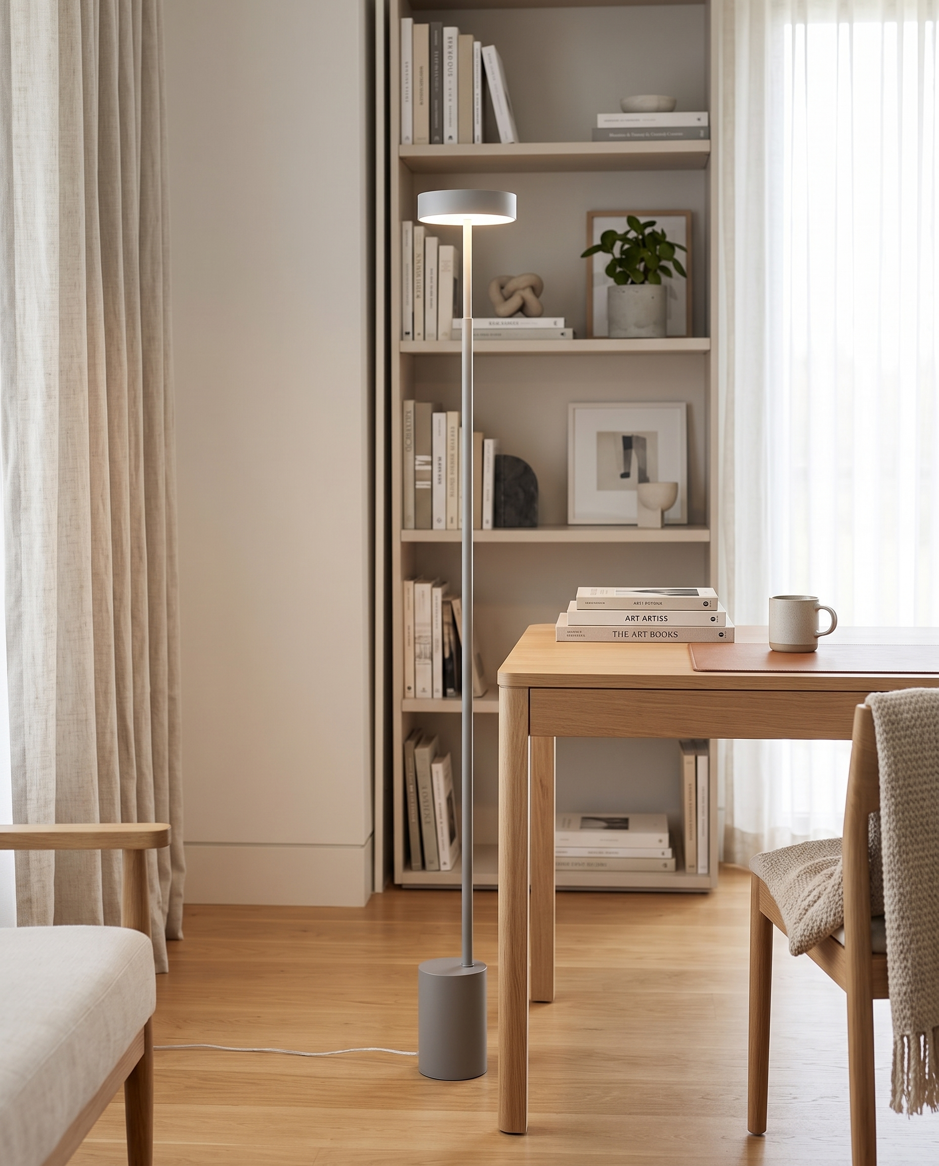 Gray petite floor lamp in a bright home study