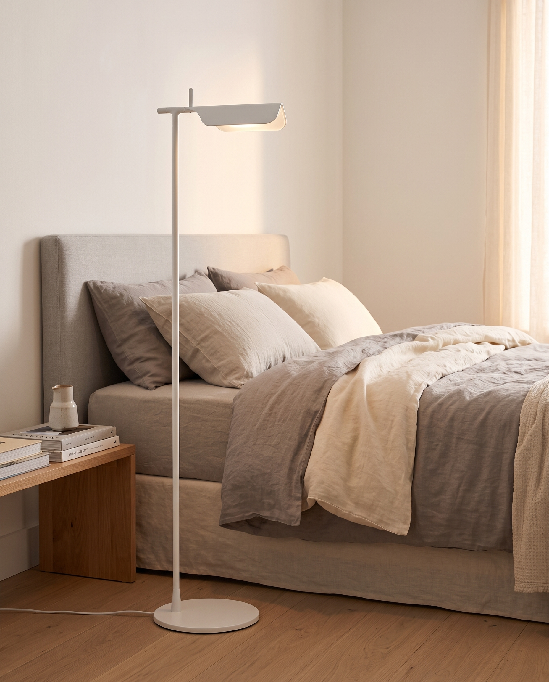 White Halden floor lamp in a minimalist bedroom