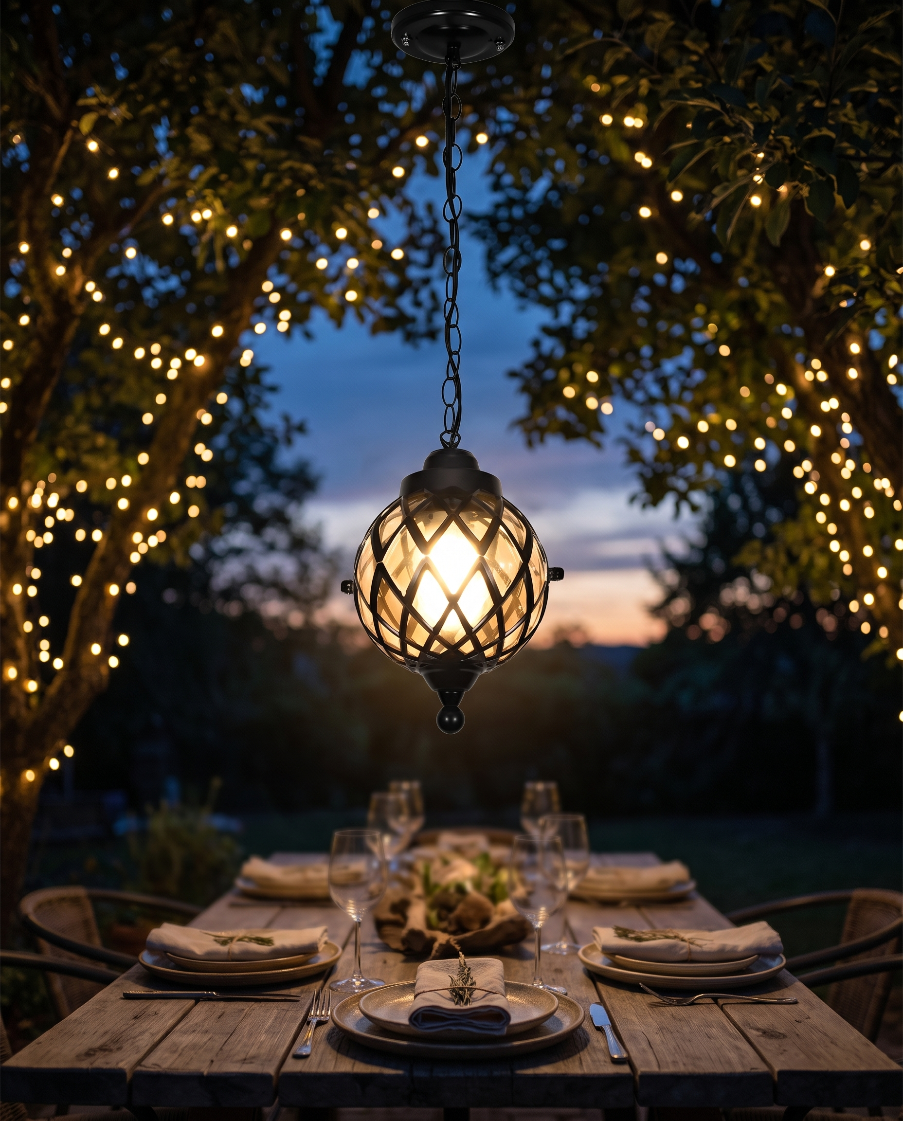 Black globe pendant light over a backyard dining table