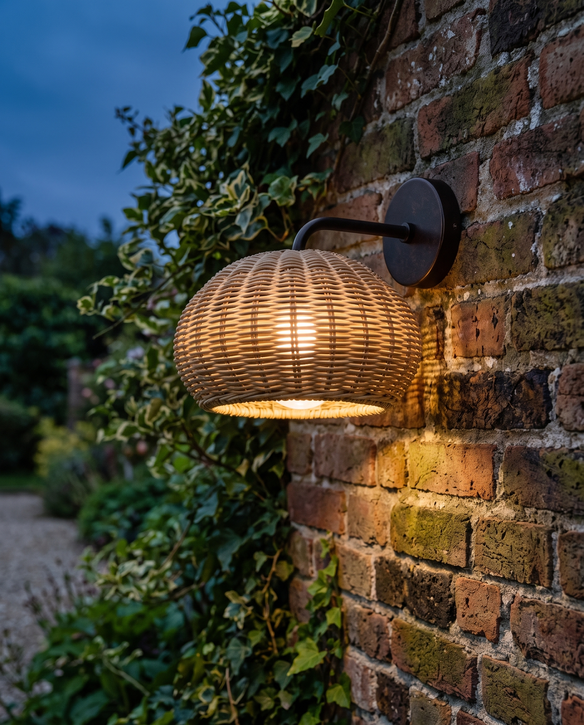 Rattan wall sconce on a rustic garden brick wall