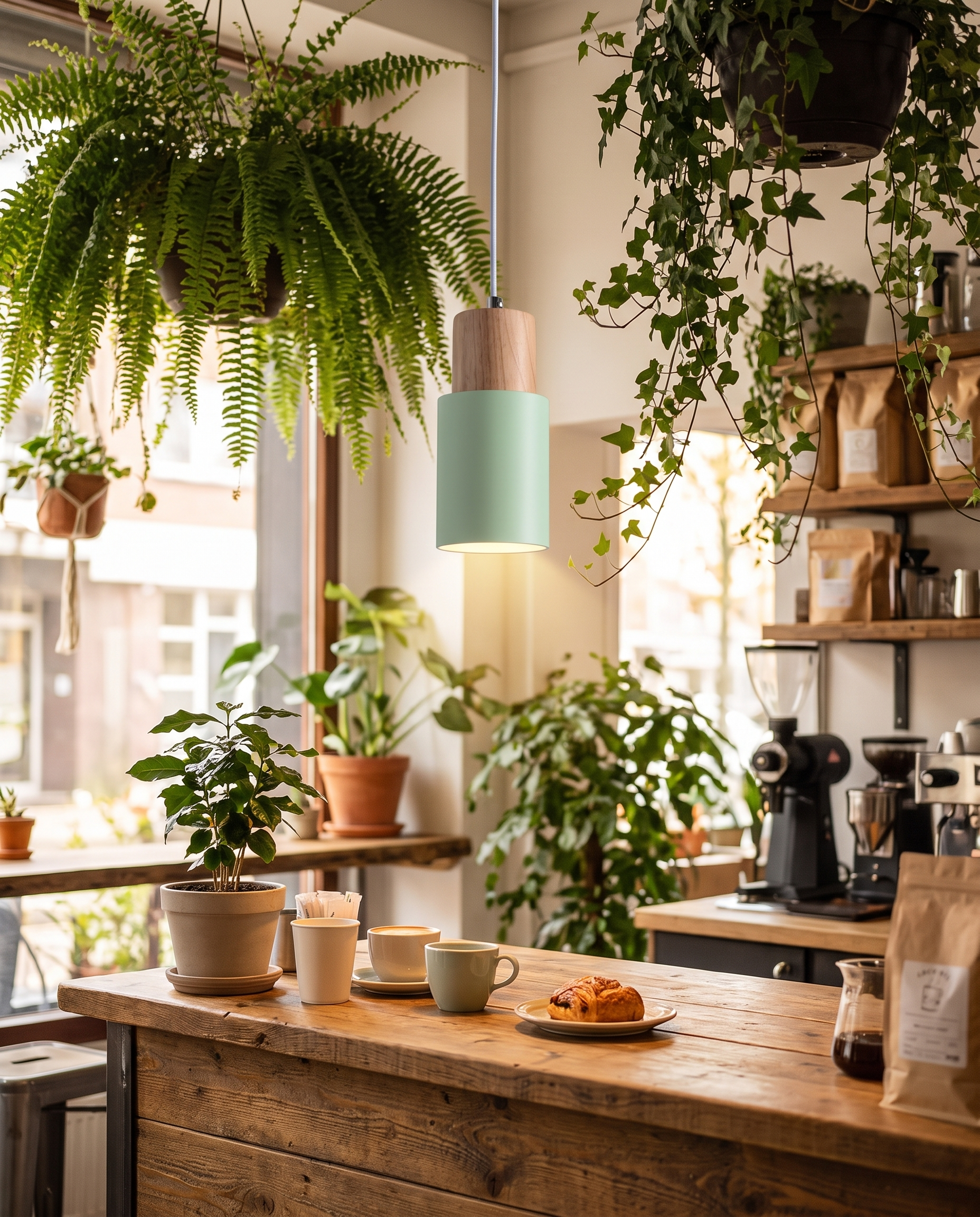 Fika Pendant Light in Green in a cozy cafe