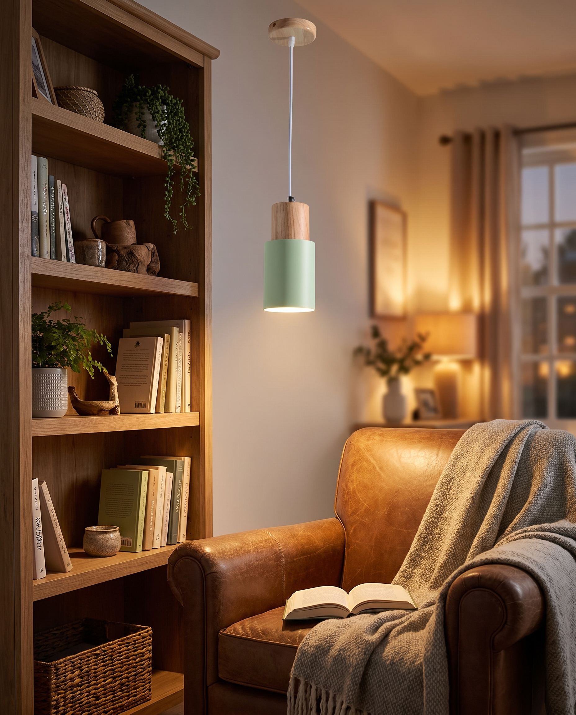 Fika Pendant Light in Green in a reading nook