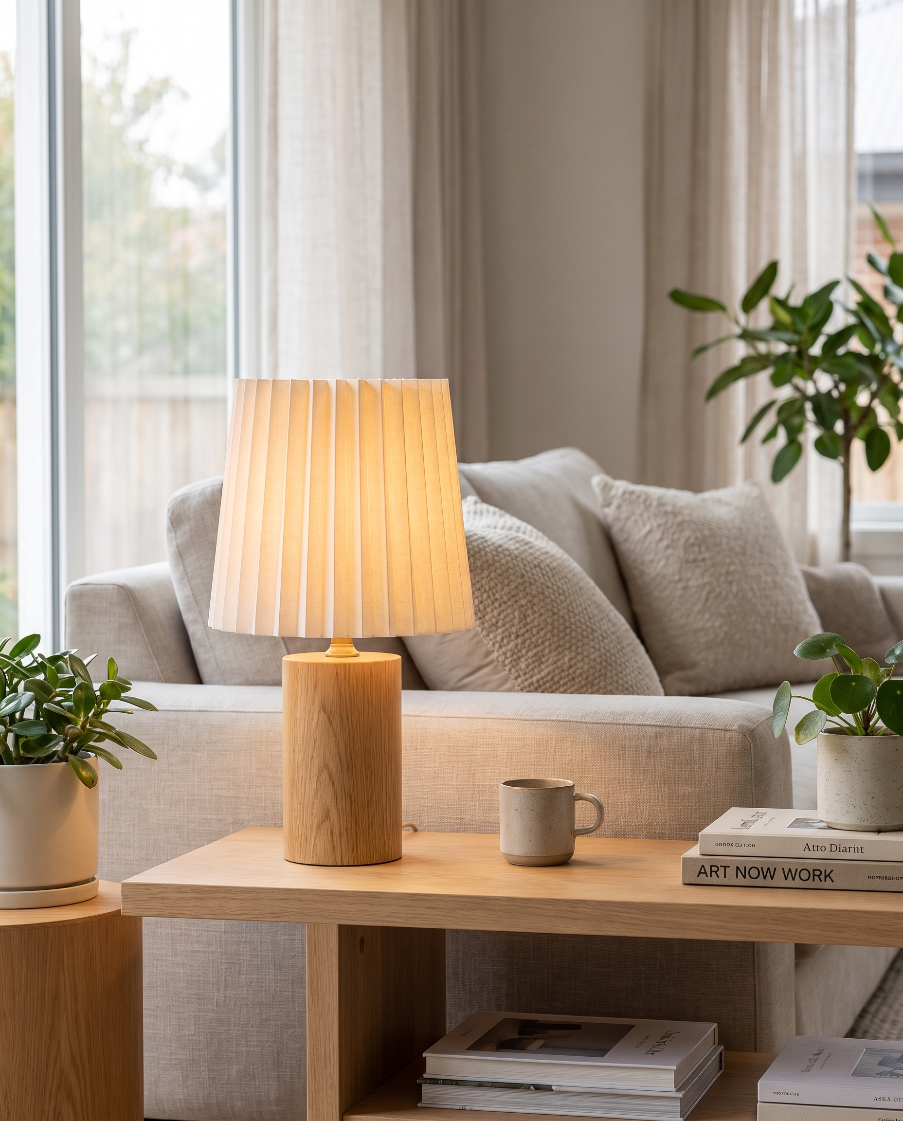 Seol Table Lamp in Wood on a living room side table