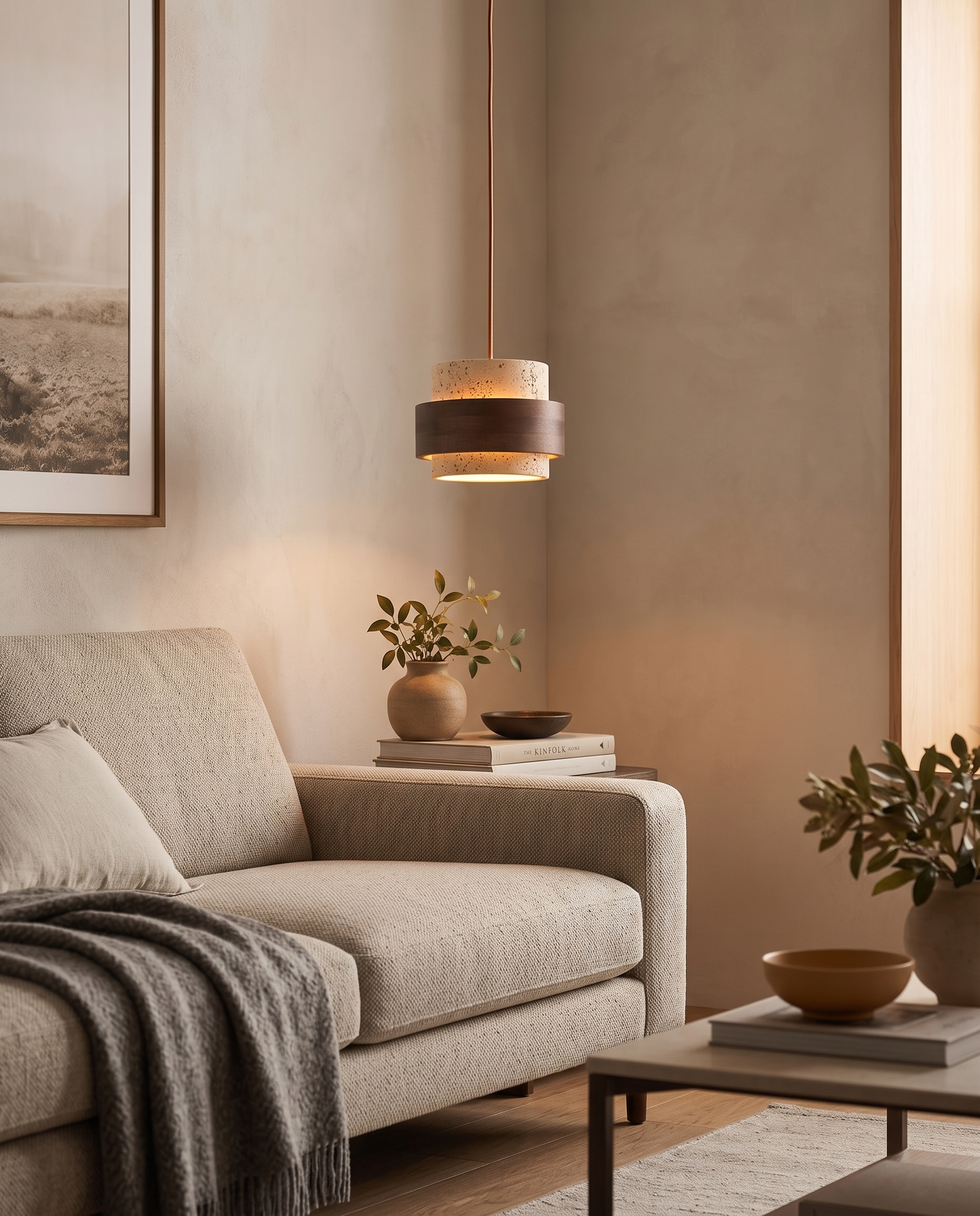 Colonna Travertine Pendant Light in a living room