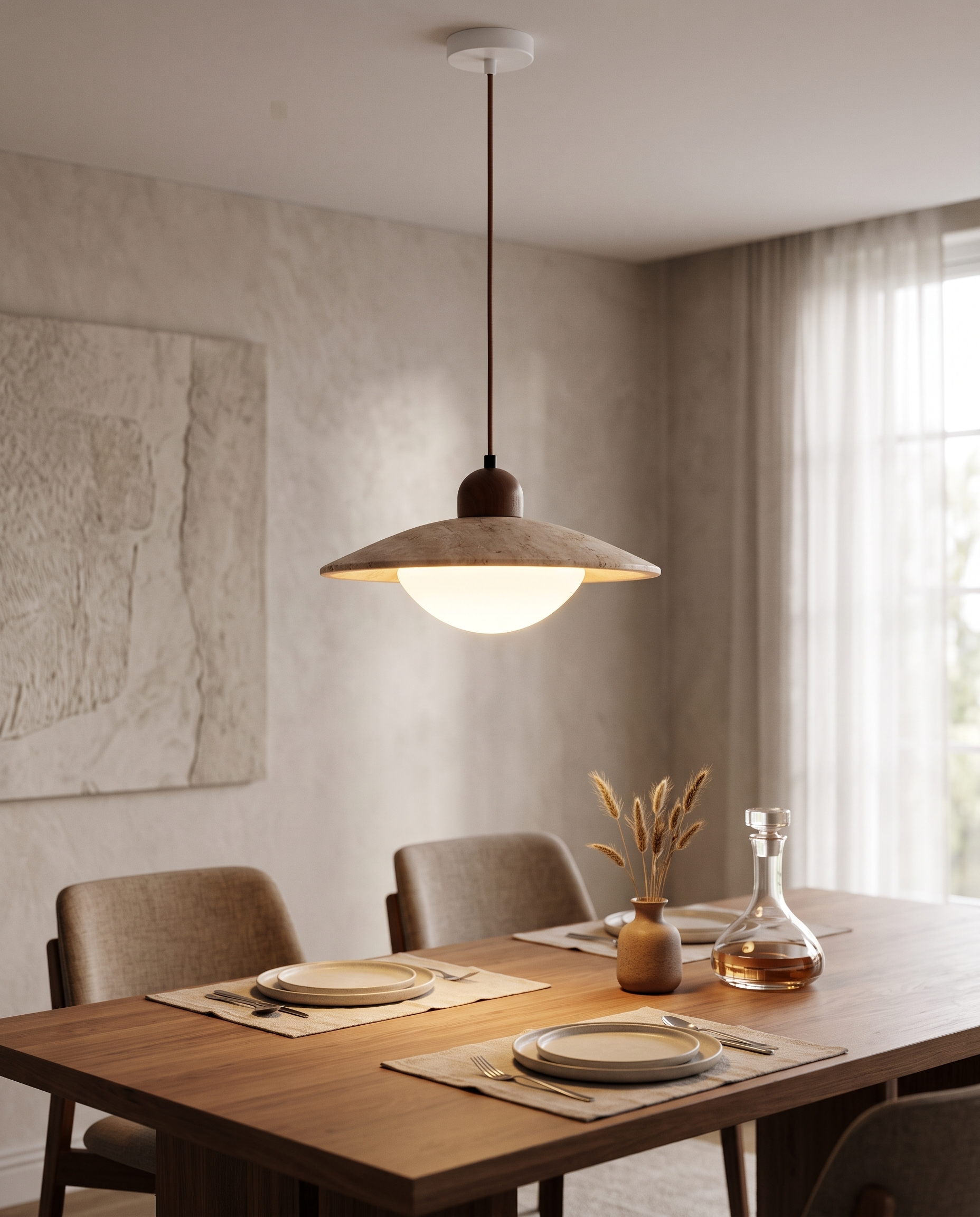 Disco Travertine Pendant Light over a dining table