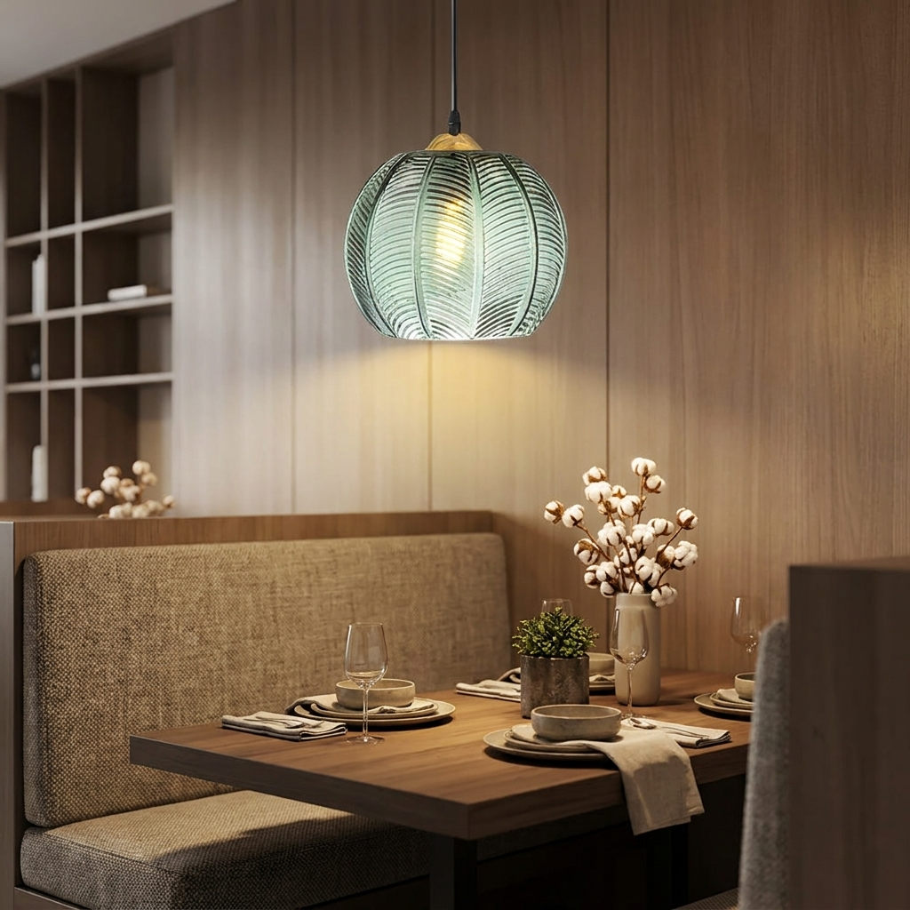 Foglia Green Glass Pendant over a dining booth