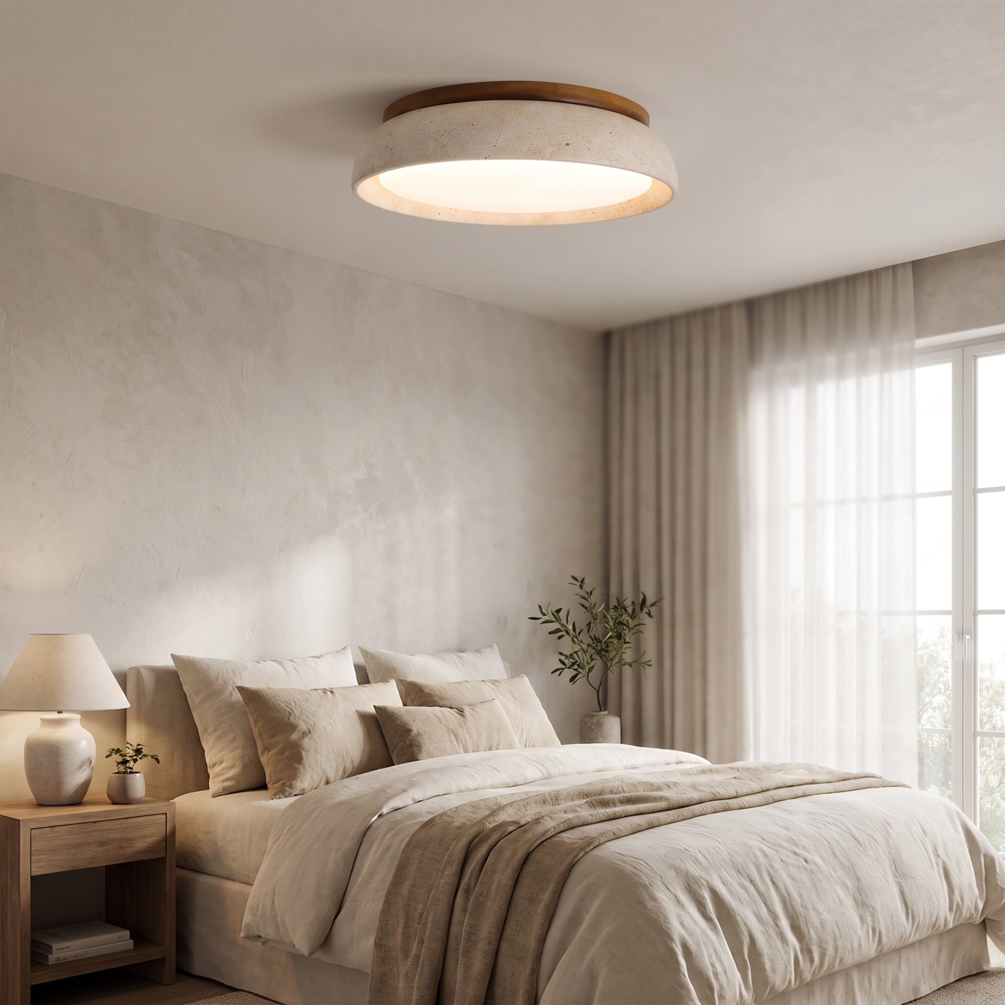 Travira travertine ceiling light in a bedroom