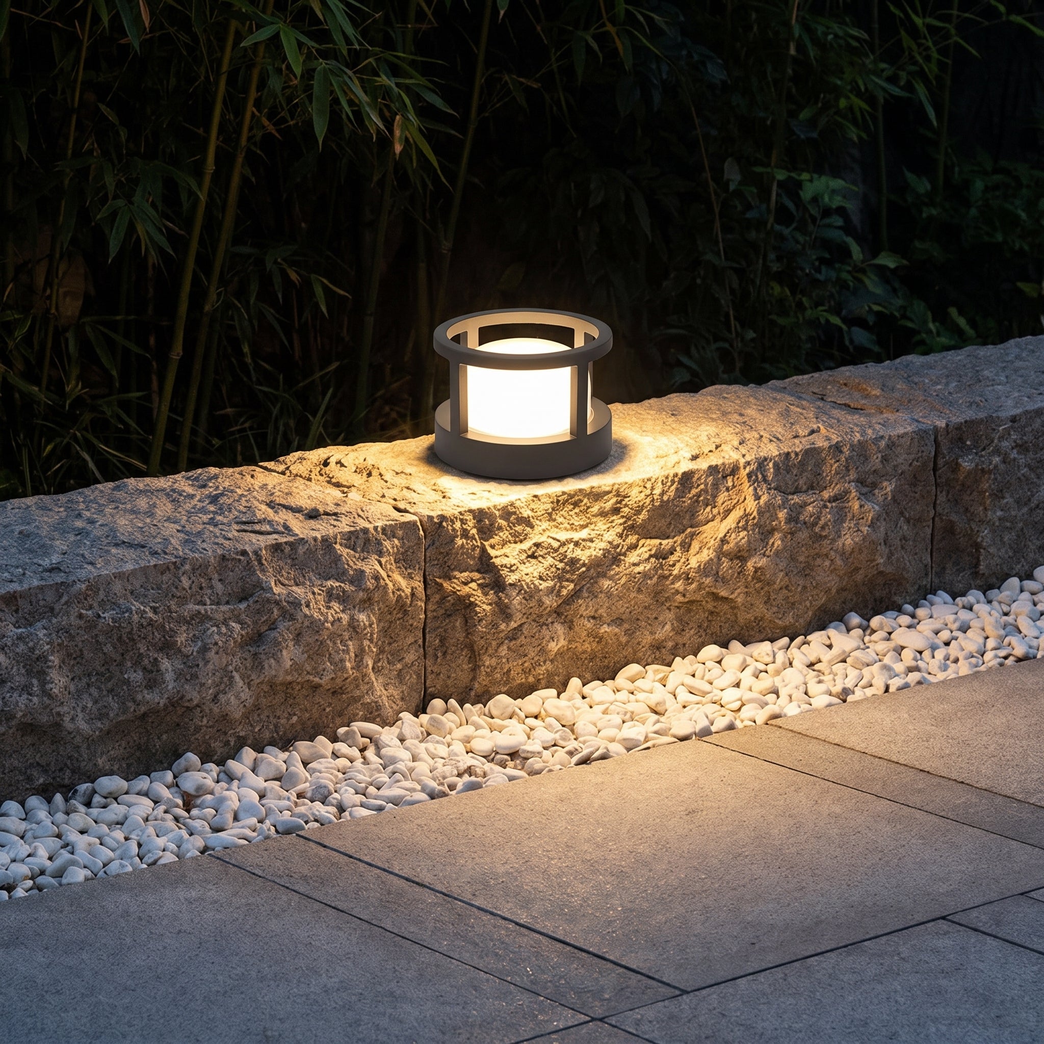 Castel bollard lantern, patio at night