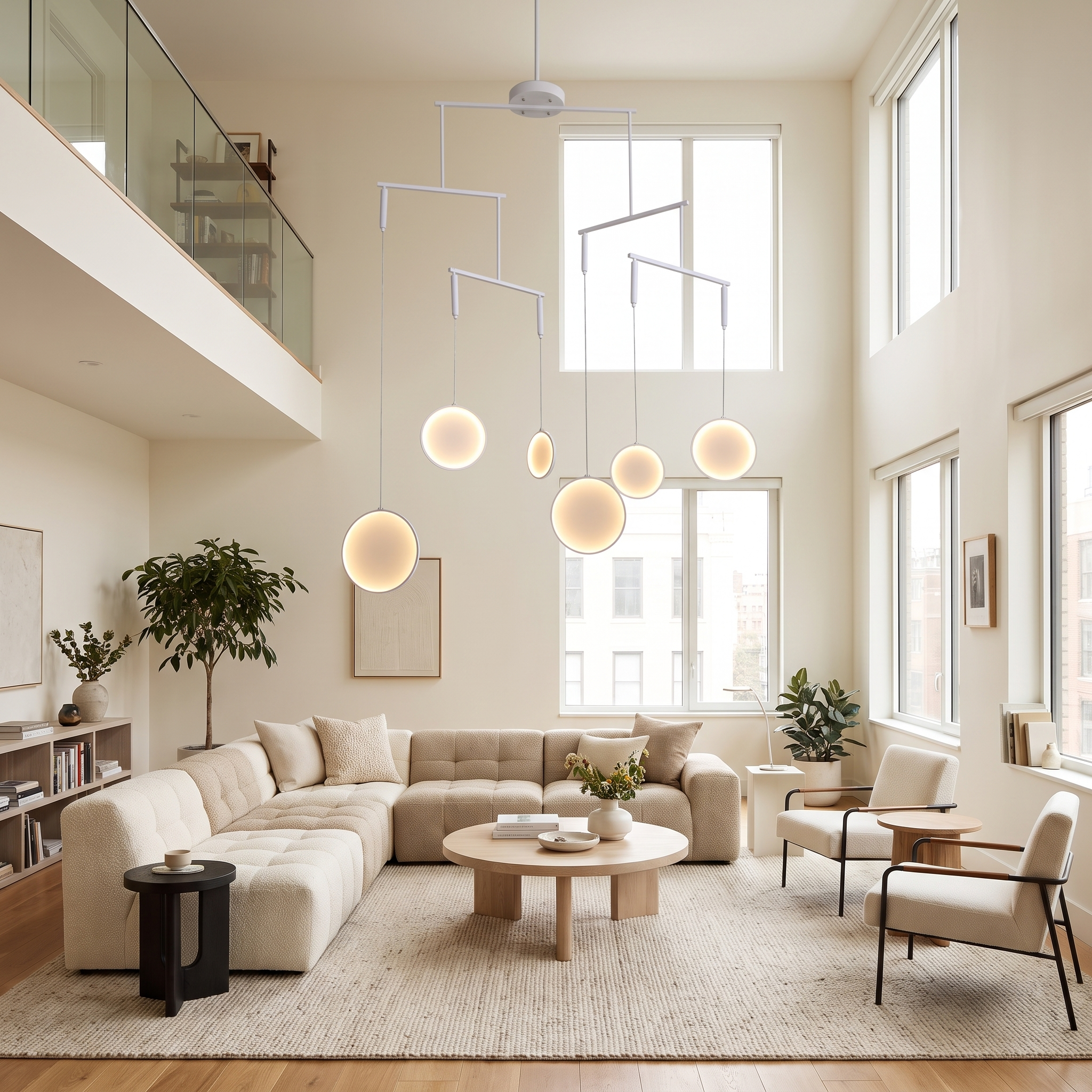 Nova white LED disc chandelier in a modern living room