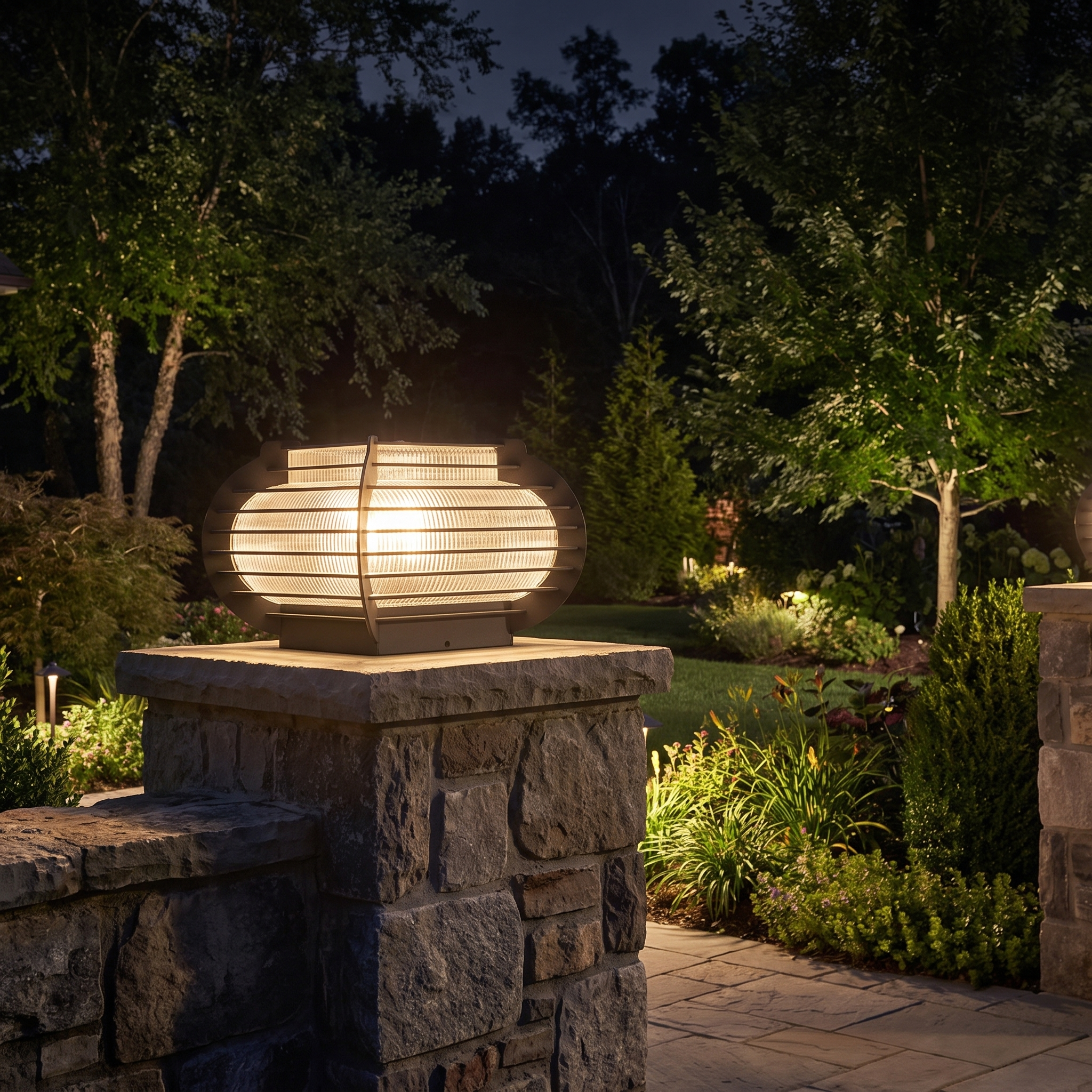Manor oval slatted post light, driveway at night