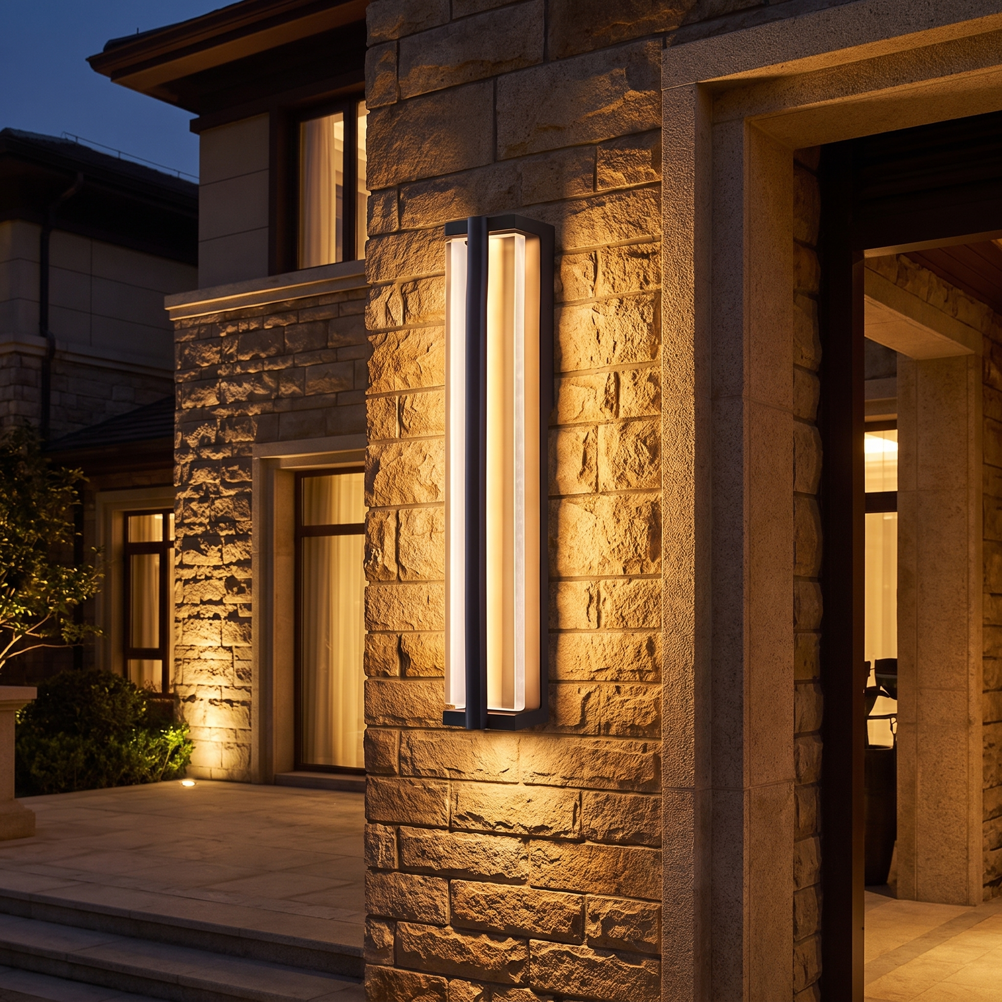 Celeste outdoor wall sconce on luxury villa facade at night
