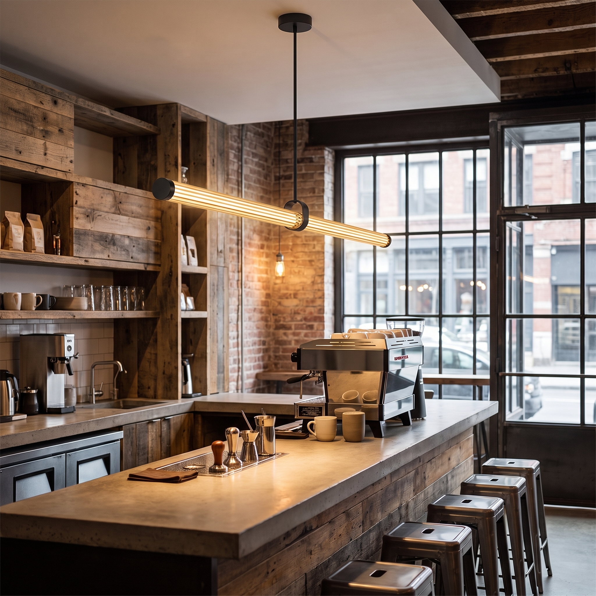 Rialto linear pendant over modern cafe counter