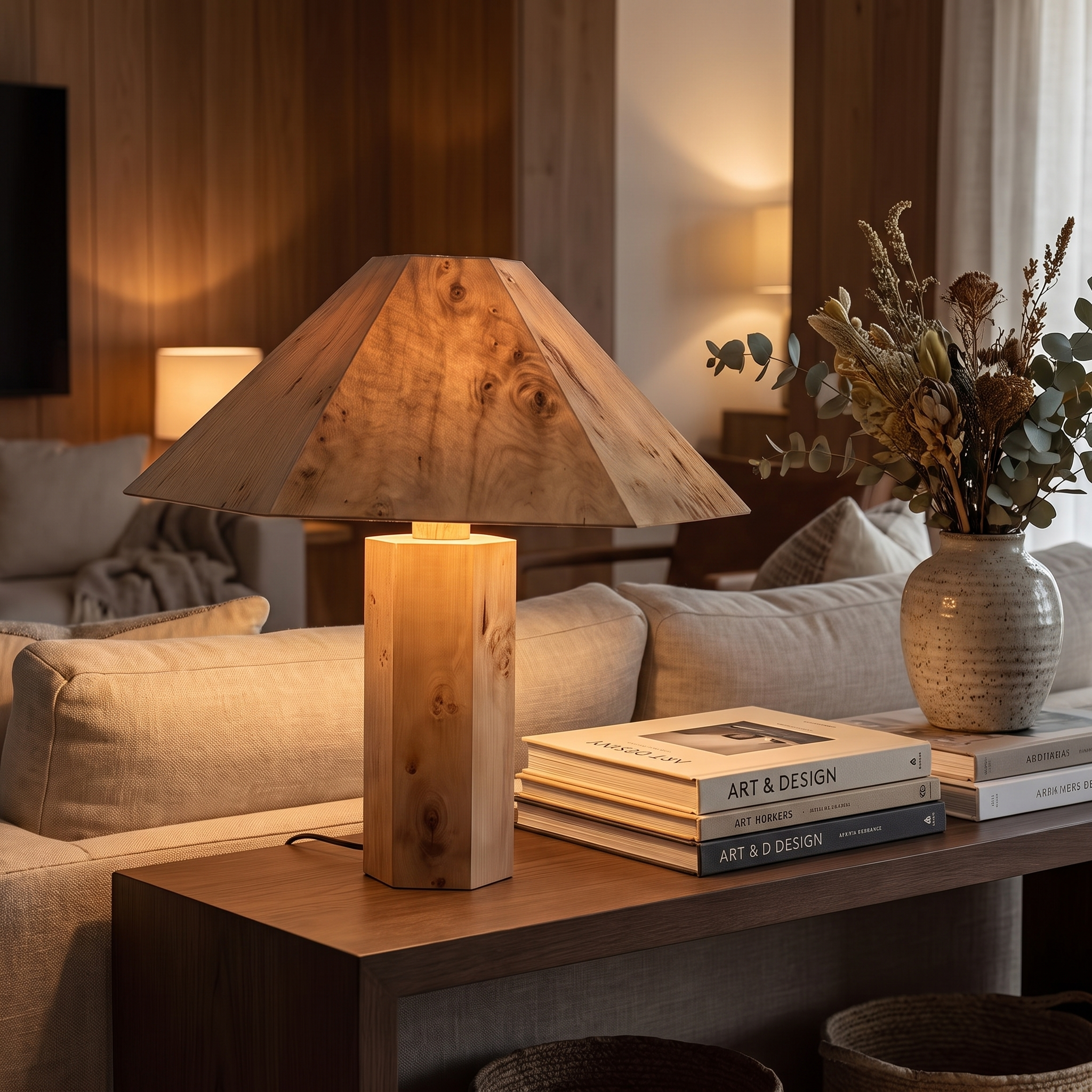 Rowan burl wood lamp on living room console