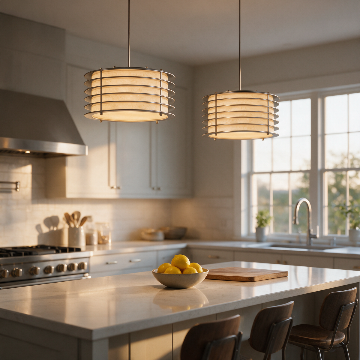 Pair of Selva drum pendants above a quartz kitchen island with bar stools