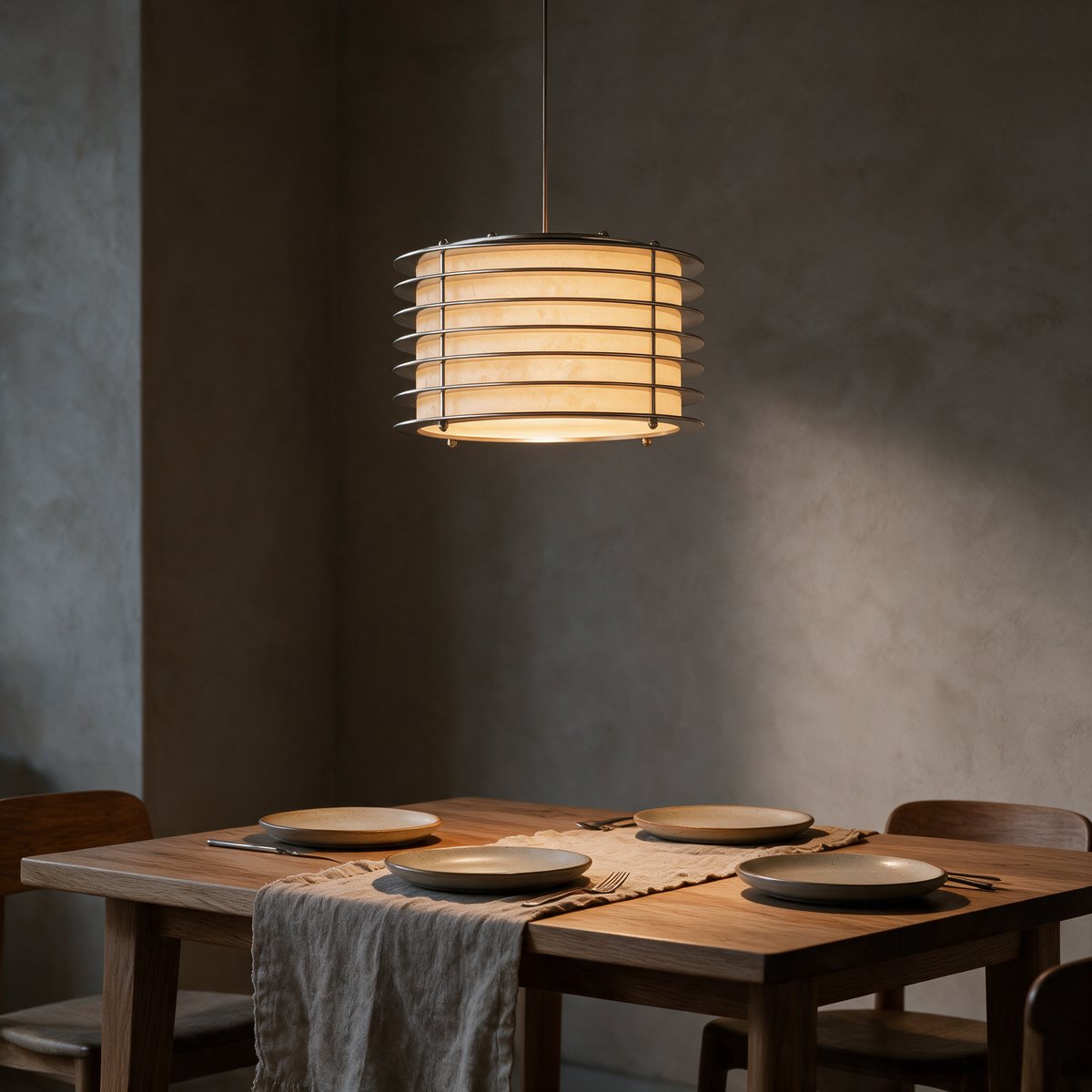 Selva steel drum pendant light glowing above an oak dining table set for dinner