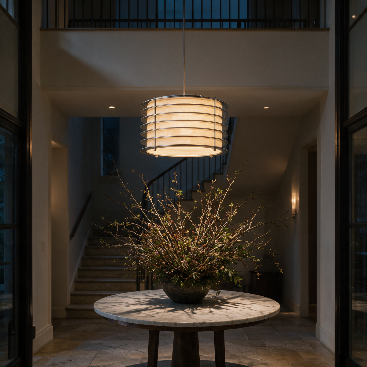 Selva drum pendant above a round marble entry table in a double height foyer