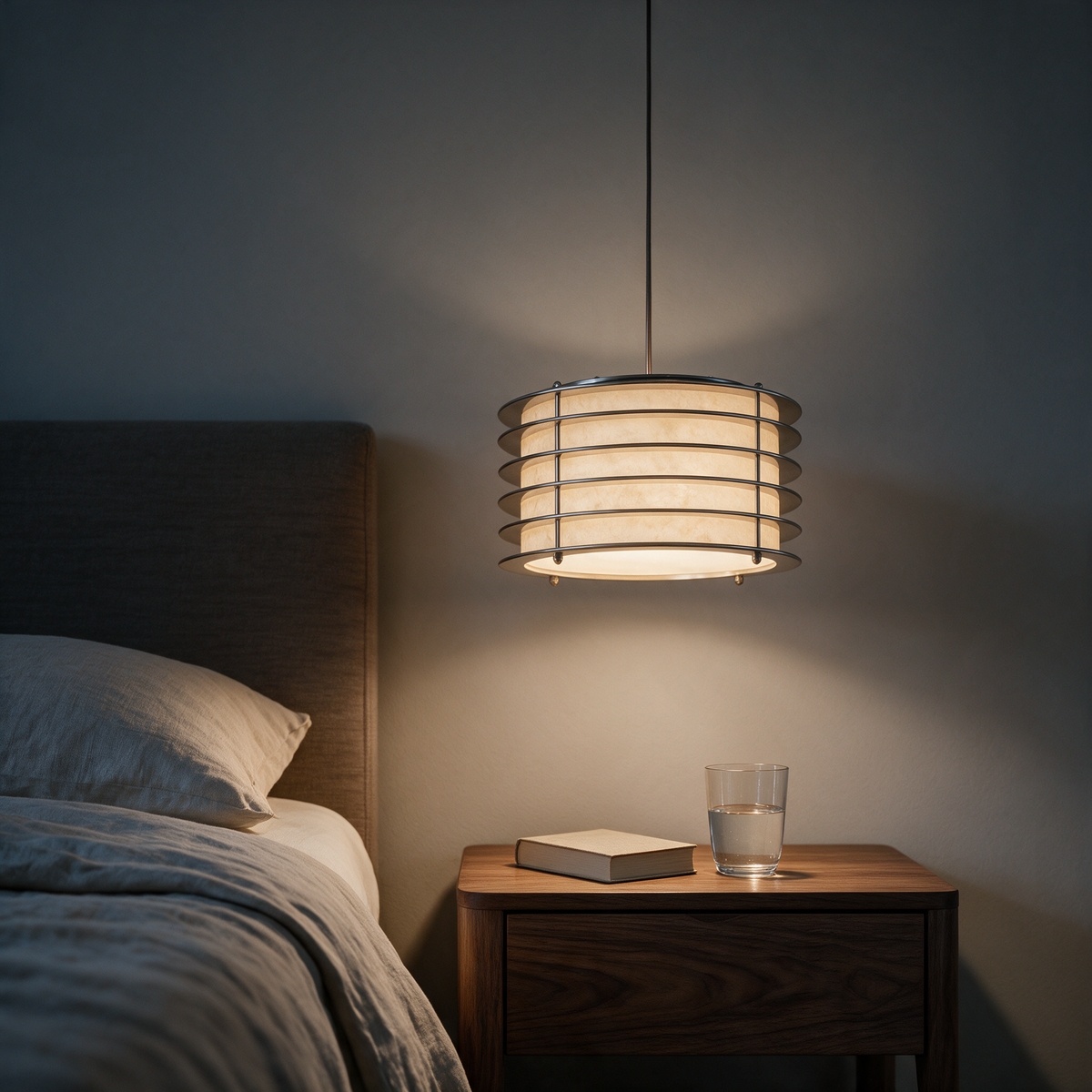 Selva pendant hung as a bedside light above a walnut nightstand in a calm bedroom