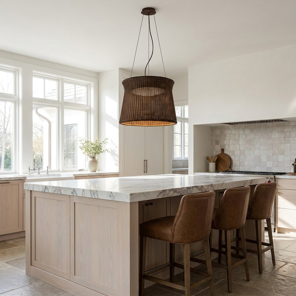 Havraise coffee rattan Nordic pendant light over a marble kitchen island with leather stools