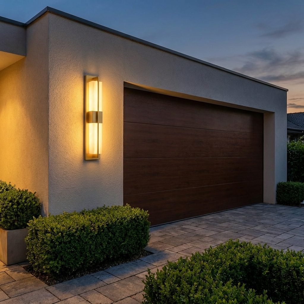 Anseau linear gold outdoor wall light on a garage exterior wall at dusk