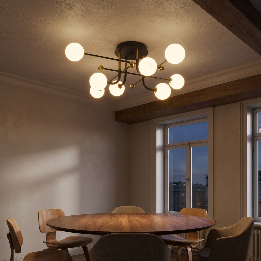 Vesta sputnik globe ceiling light above a round walnut dining table