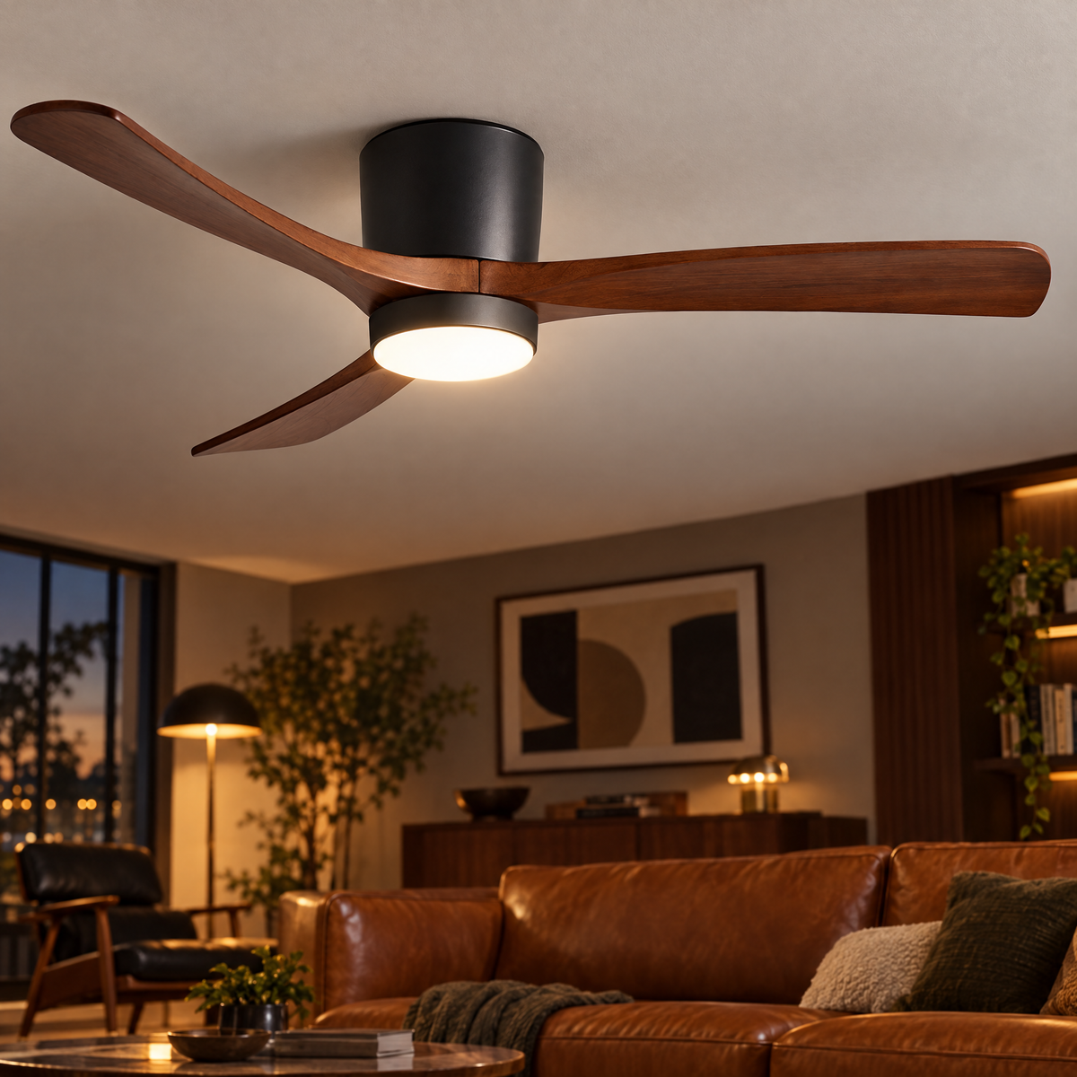 Aeris Wooden Ceiling Fan in Black and Walnut Wood, close-up in a living room