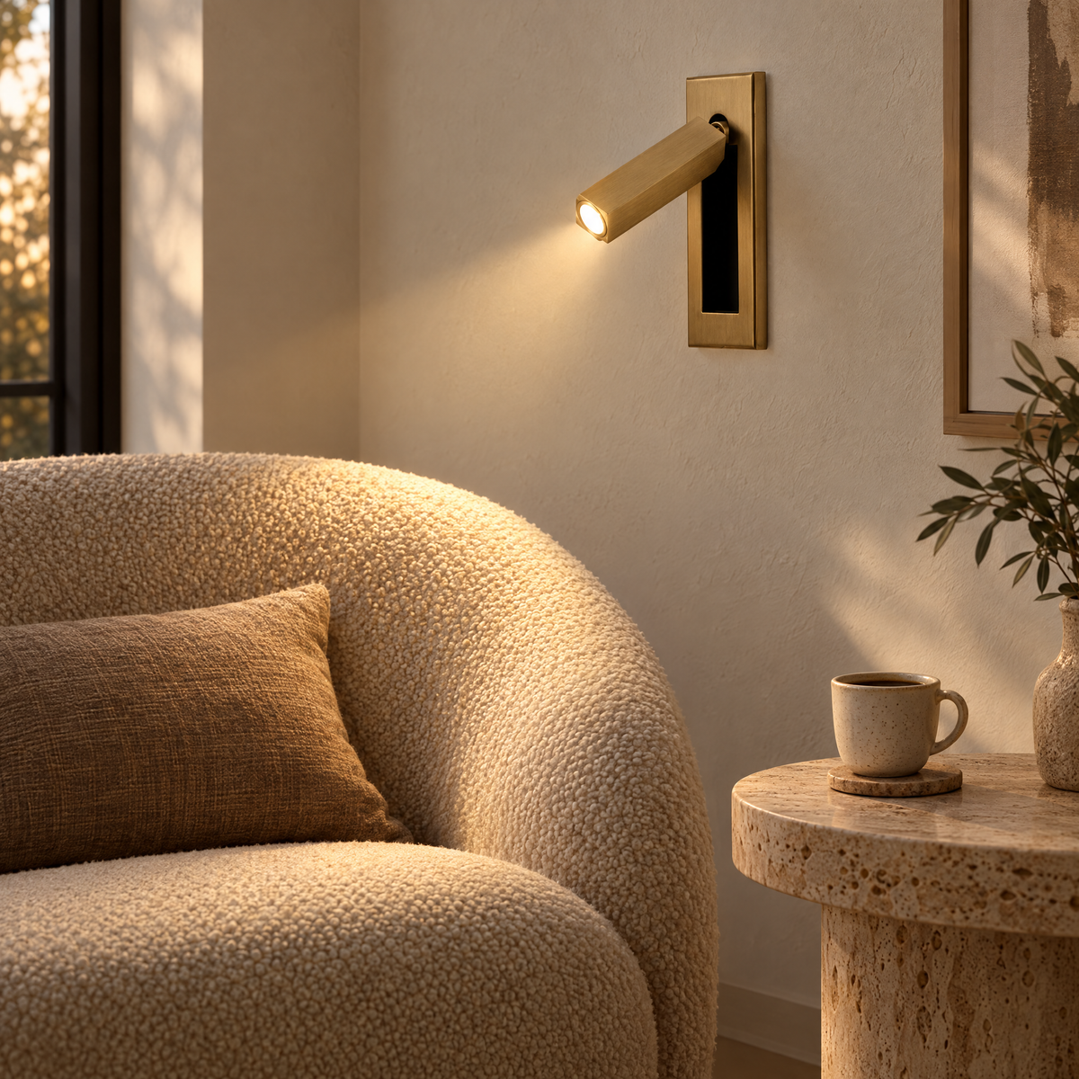 Lumo Recessed Reading Sconce in Copper above a boucle lounge chair