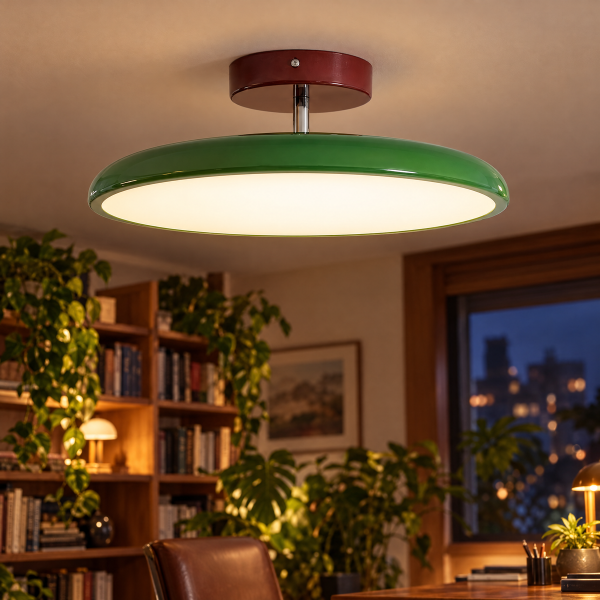 Solace Adjustable Swing Arm Ceiling Light in Green, close-up on the ceiling