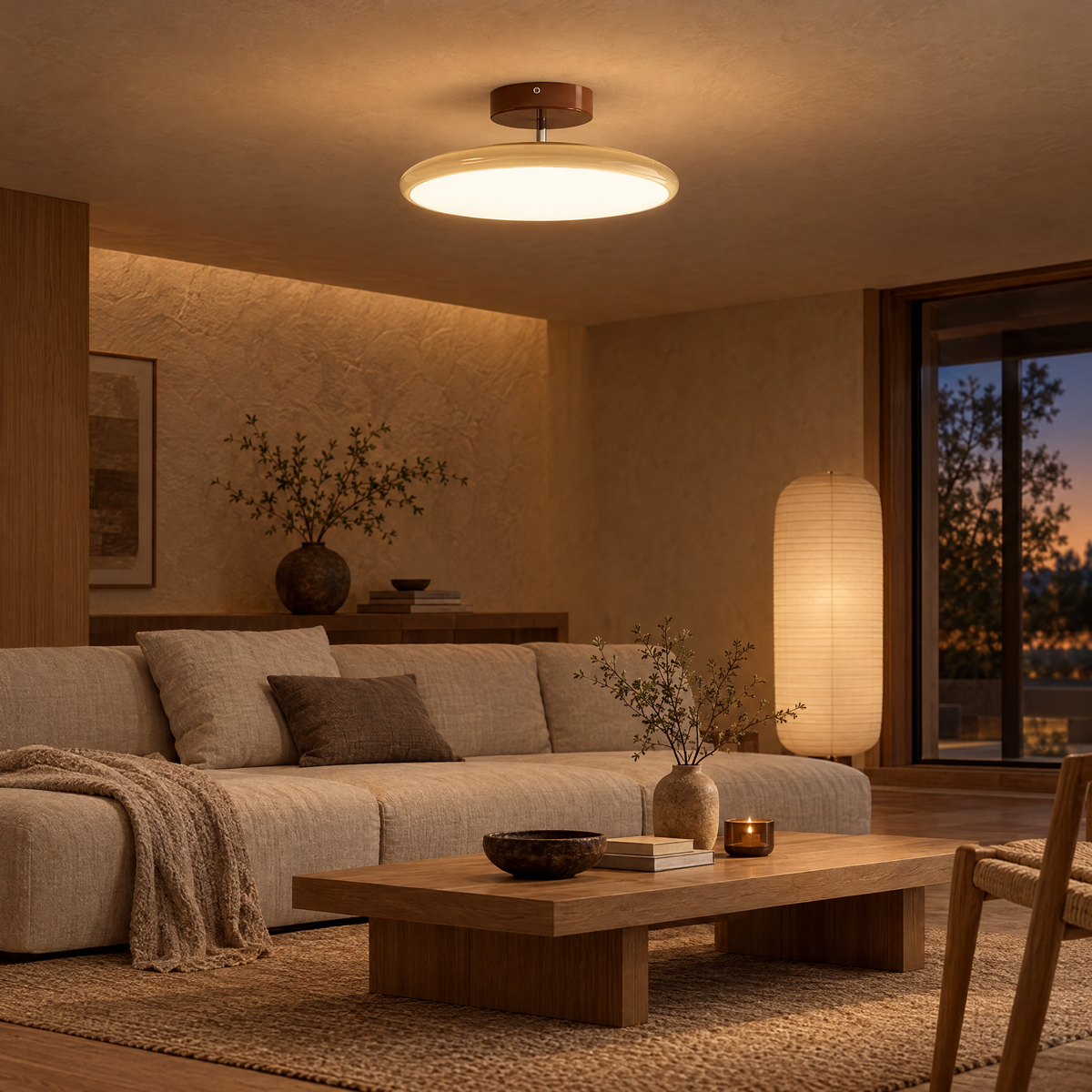 Solace Adjustable Swing Arm Ceiling Light in Beige in a Japandi living room