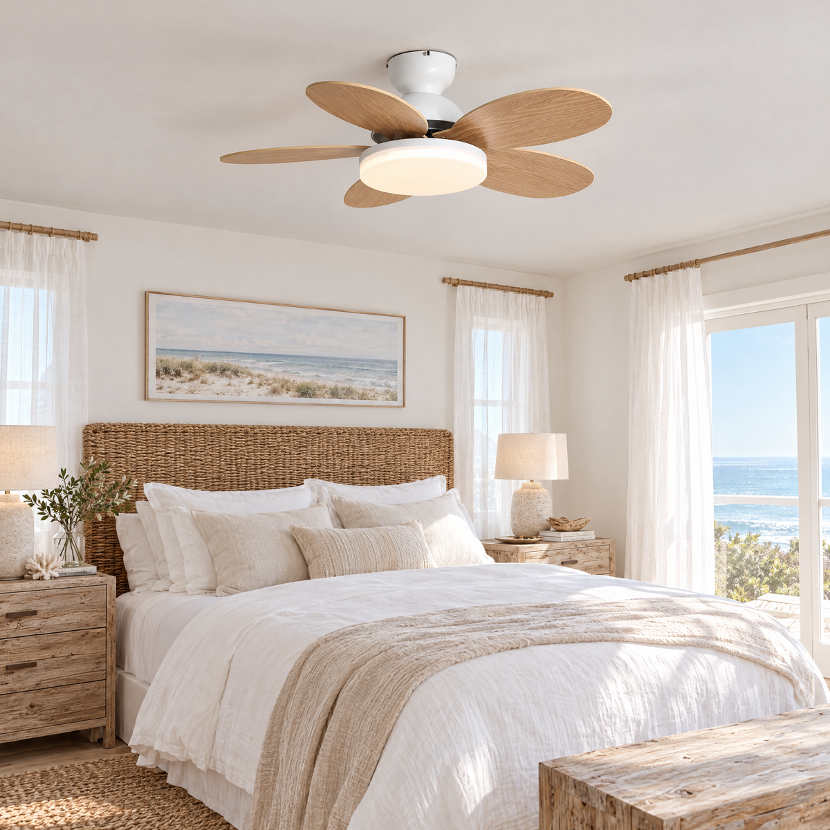 Petalo Petal Blade Ceiling Fan Light in White and Wood Grain in a coastal bedroom
