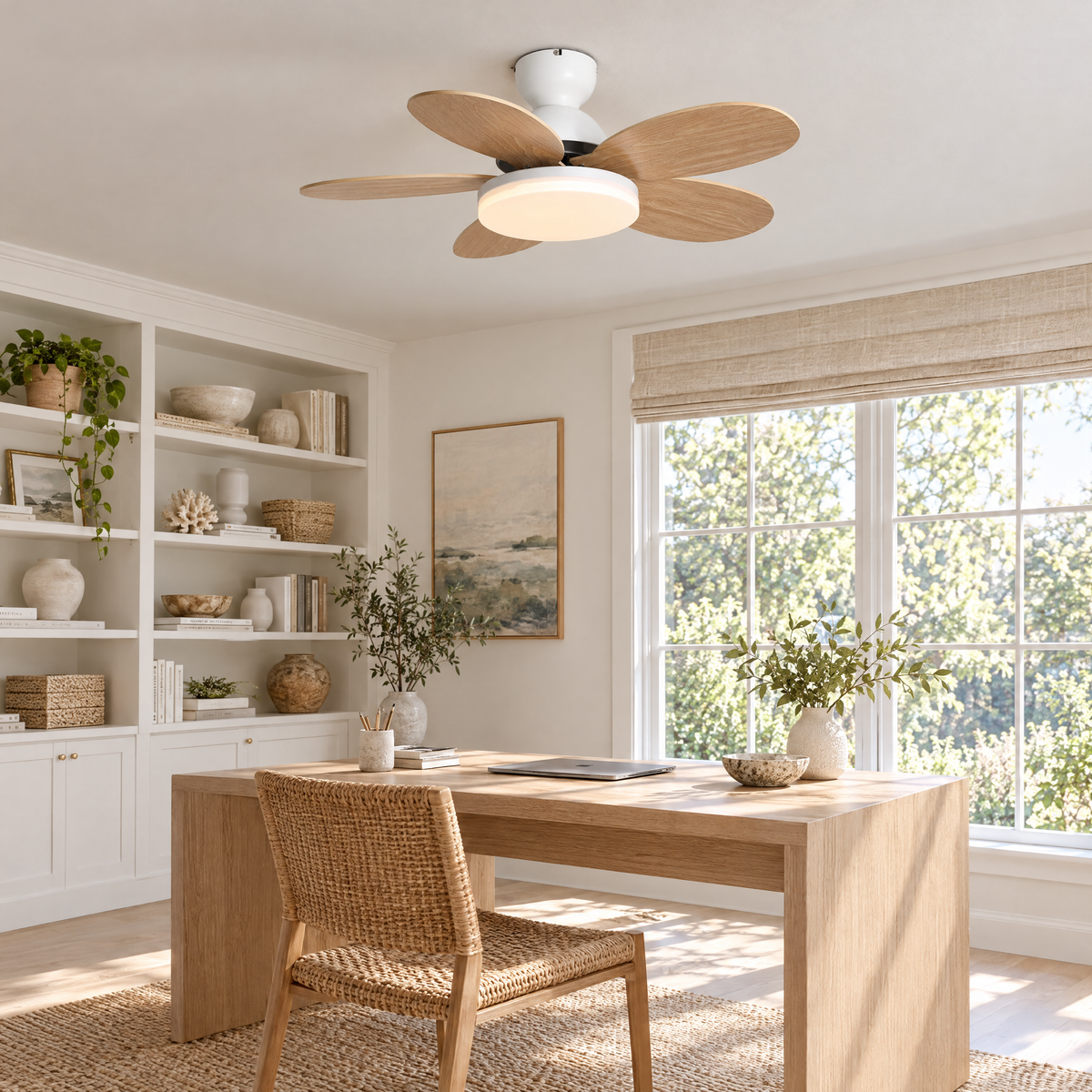 Petalo Petal Blade Ceiling Fan Light in White and Wood Grain in a home office