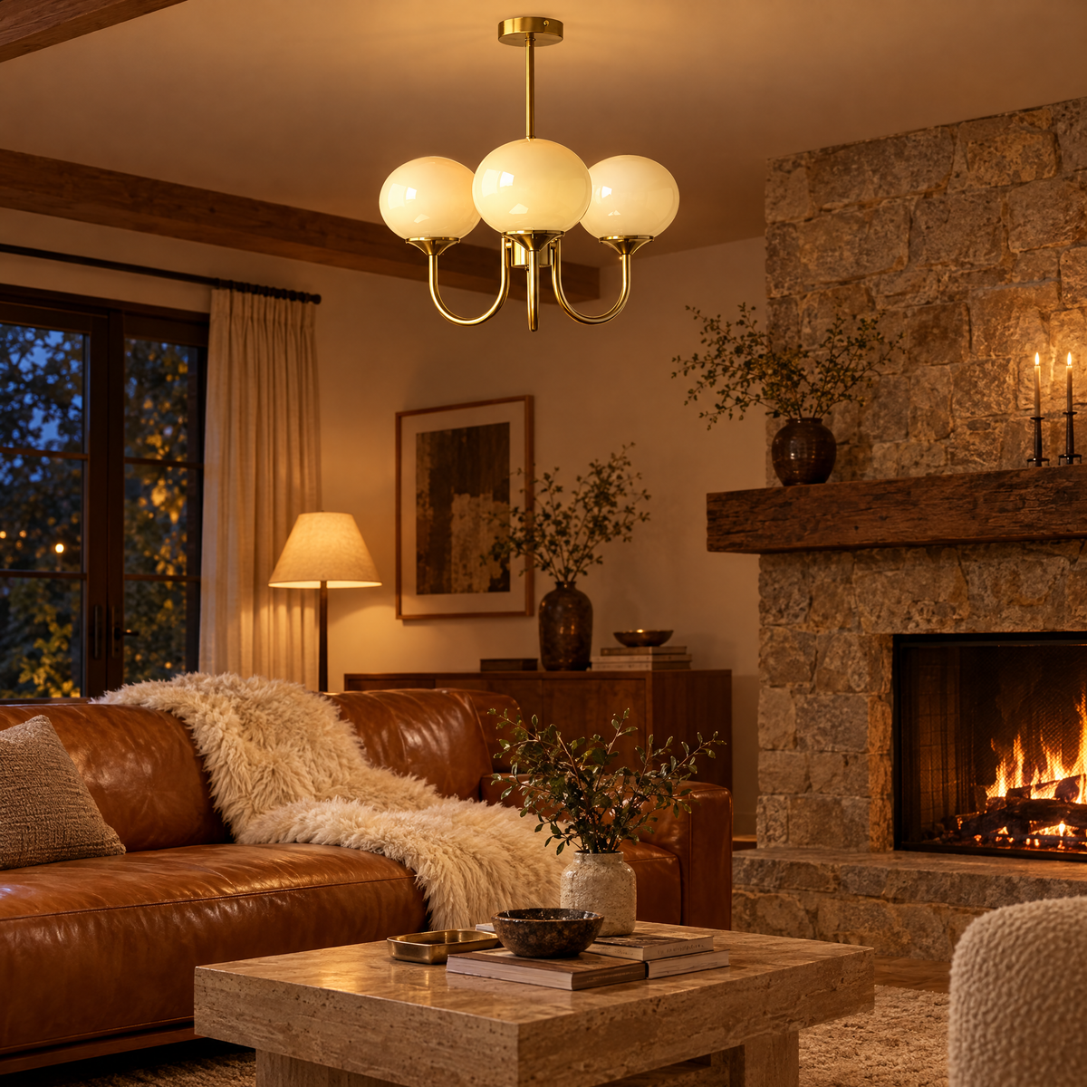 Mallow Glass Shade Chandelier in Copper and Cream in a cozy living room