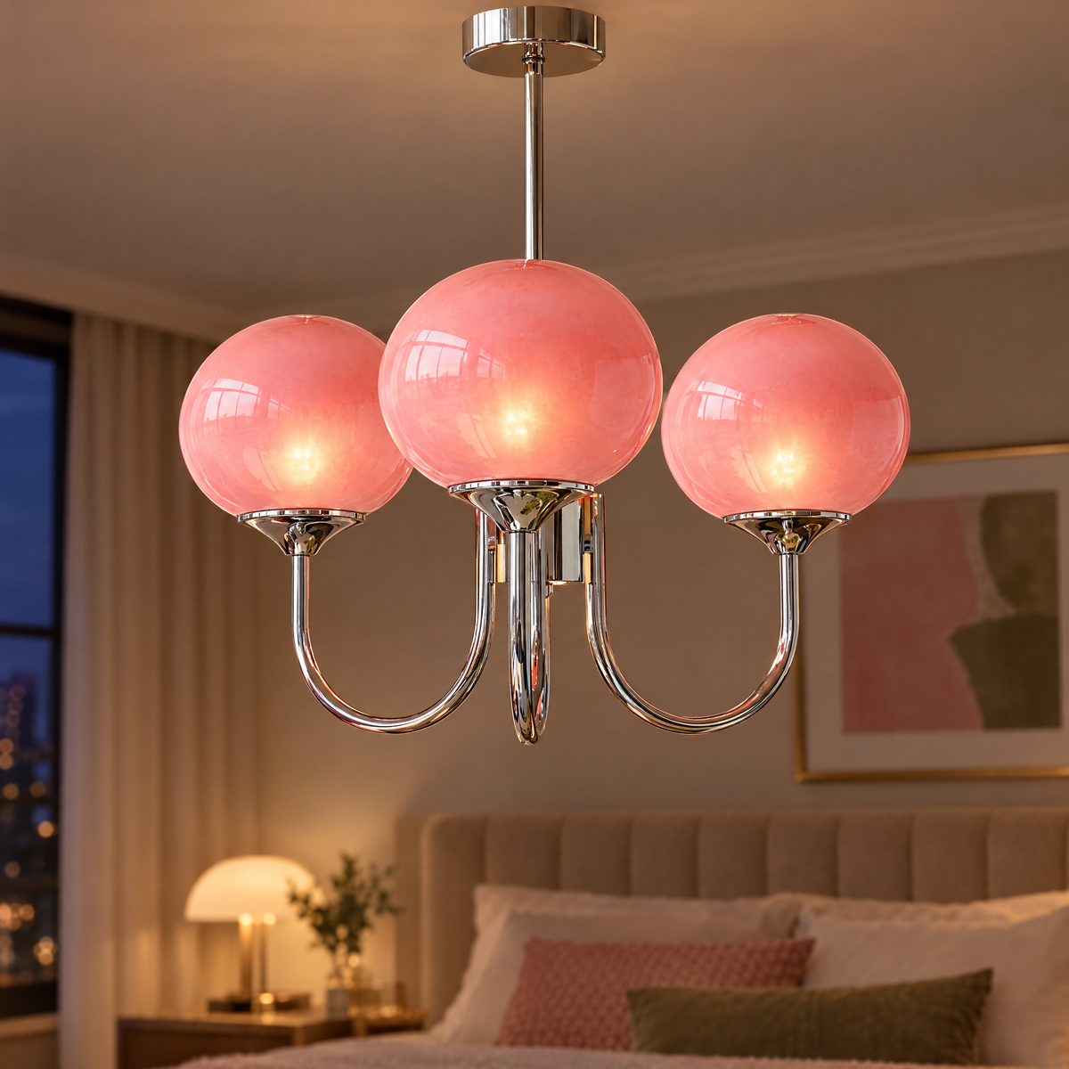 Mallow Glass Shade Chandelier in Chrome and Pink, close-up