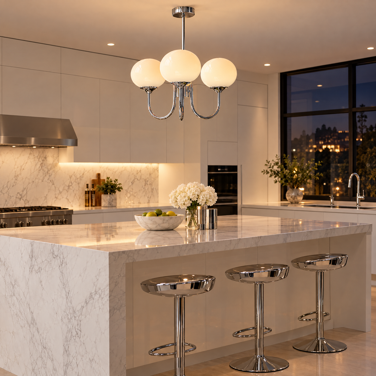 Mallow Glass Shade Chandelier in Chrome and White above a kitchen island