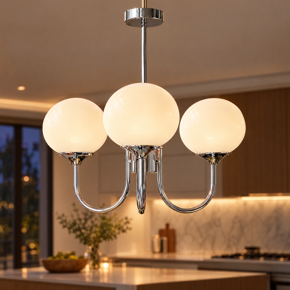 Mallow Glass Shade Chandelier in Chrome and White, close-up