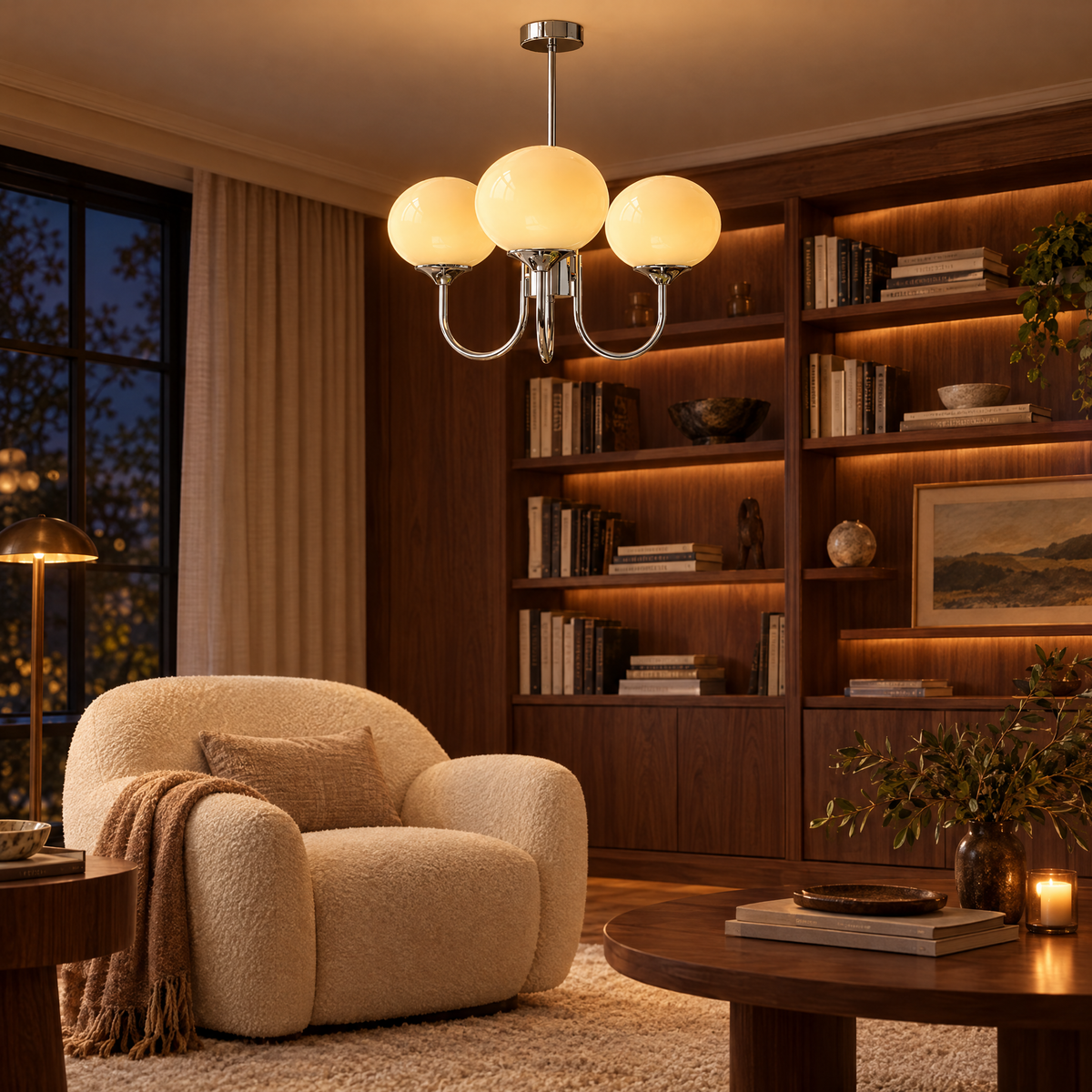 Mallow Glass Shade Chandelier in Chrome and Cream in a reading room