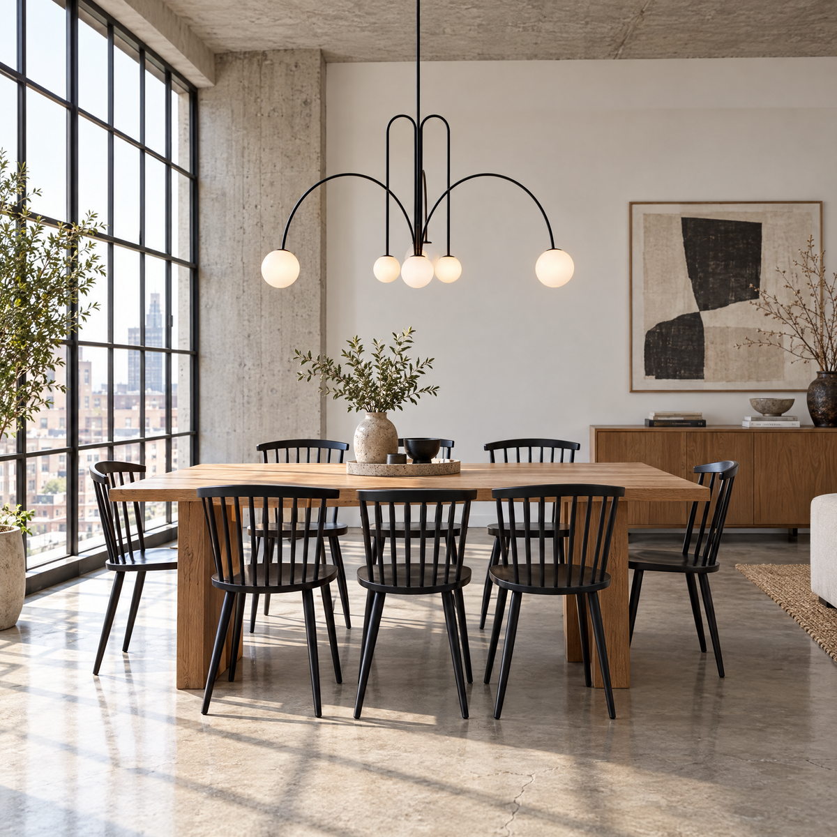 Finale Glass Globe Pendant Chandelier in Black above a loft dining table
