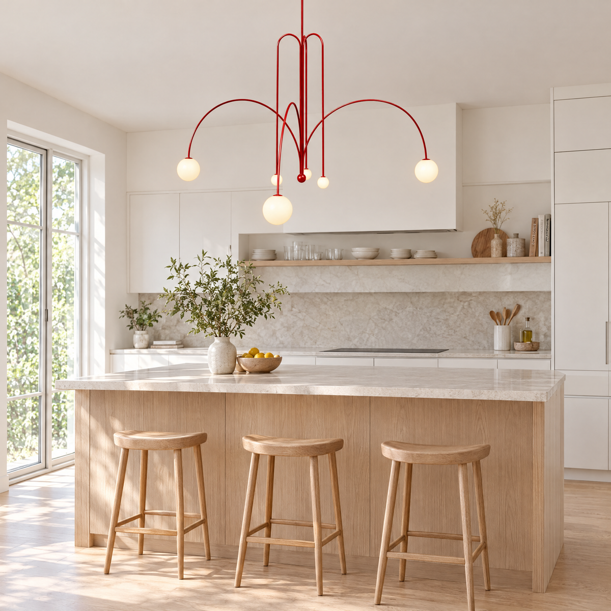 Finale Glass Globe Pendant Chandelier in Bright red above a kitchen island